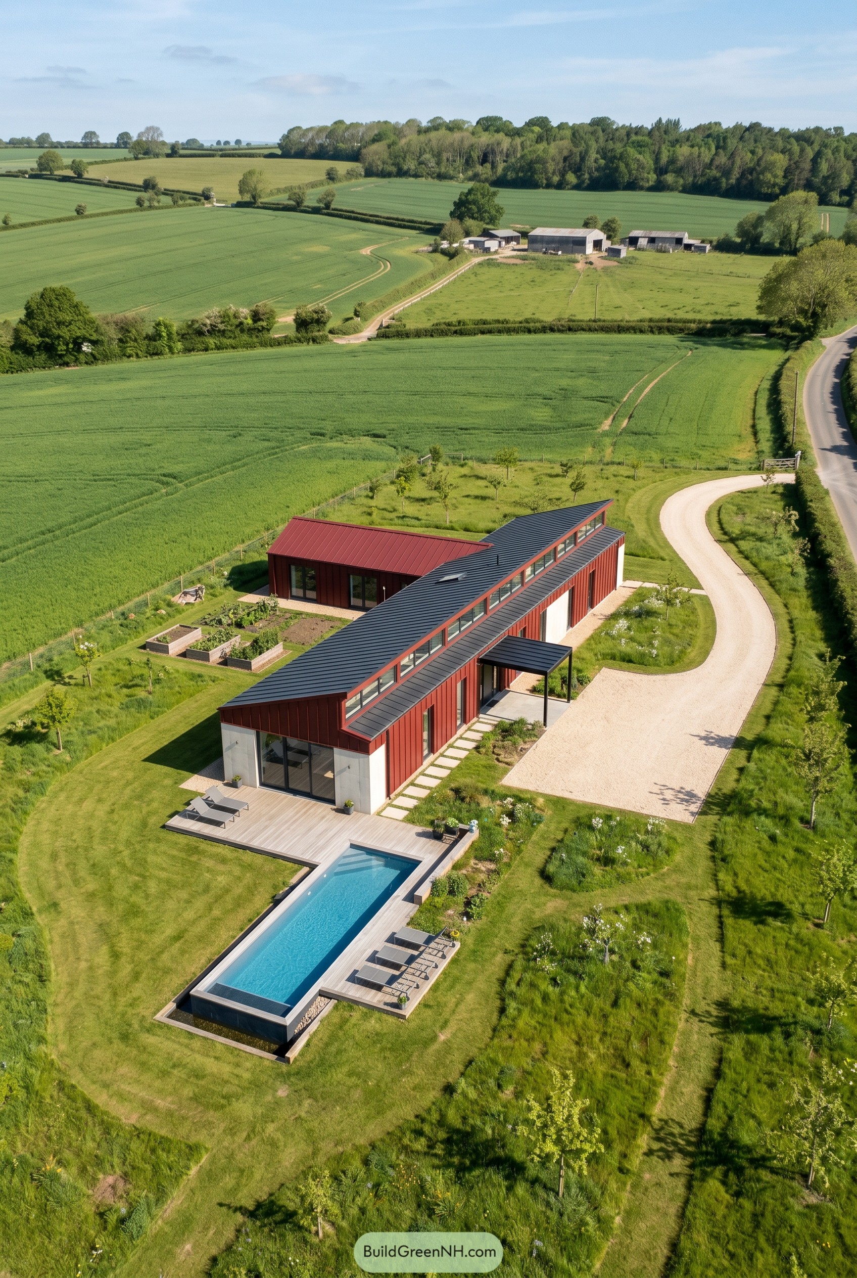 Deep red modern longhouse with lap pool