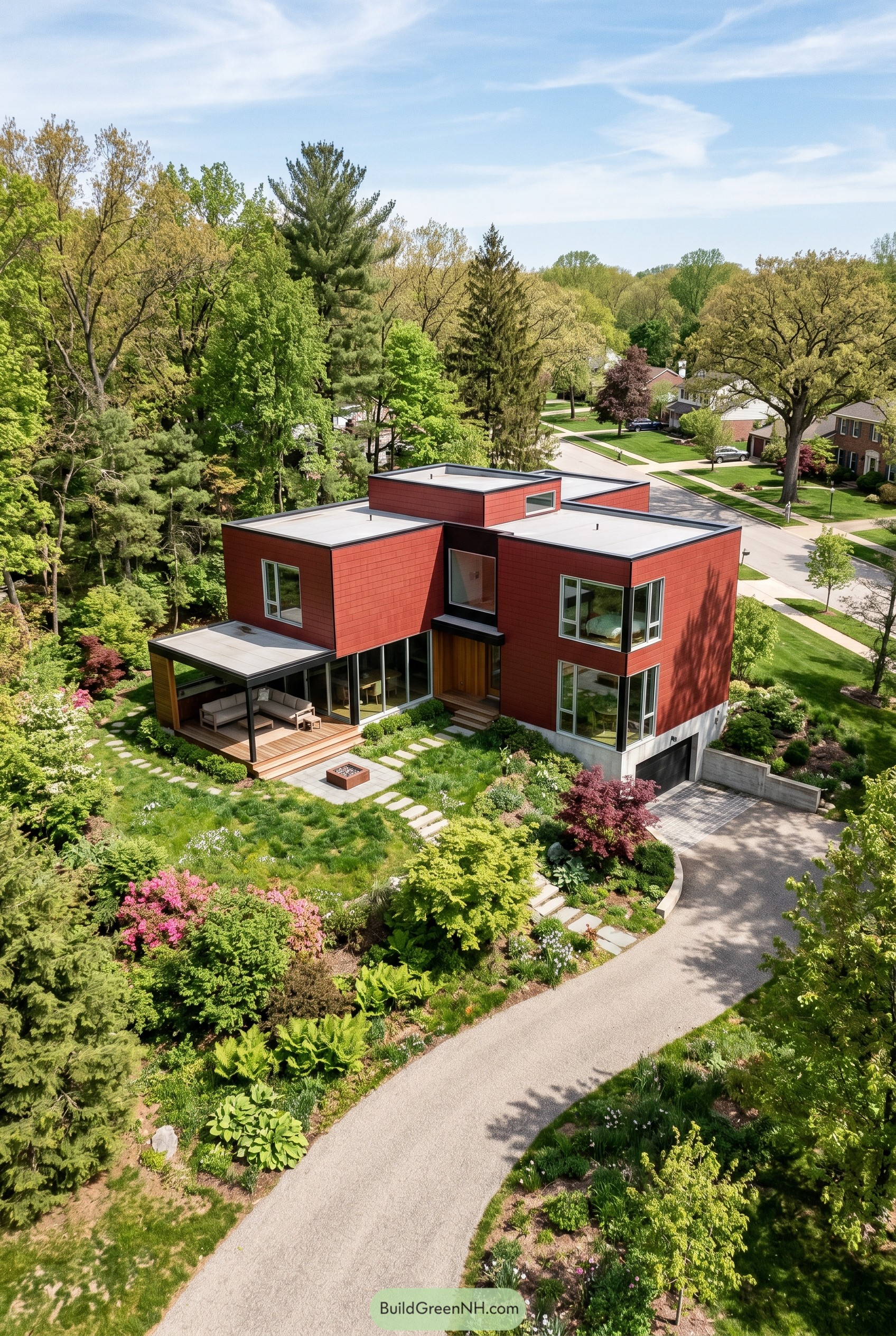 Deep red modern box house on wooded lot