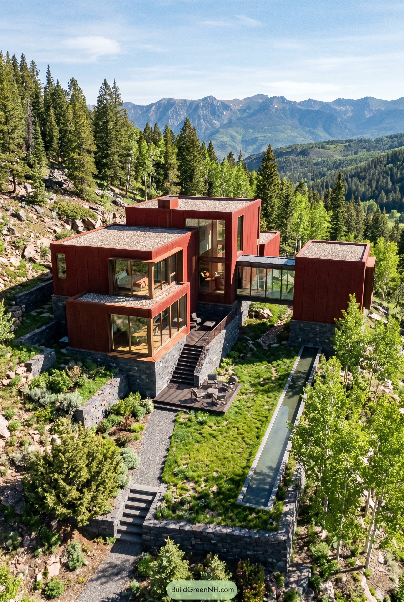 Deep red mountain house with glass bridge