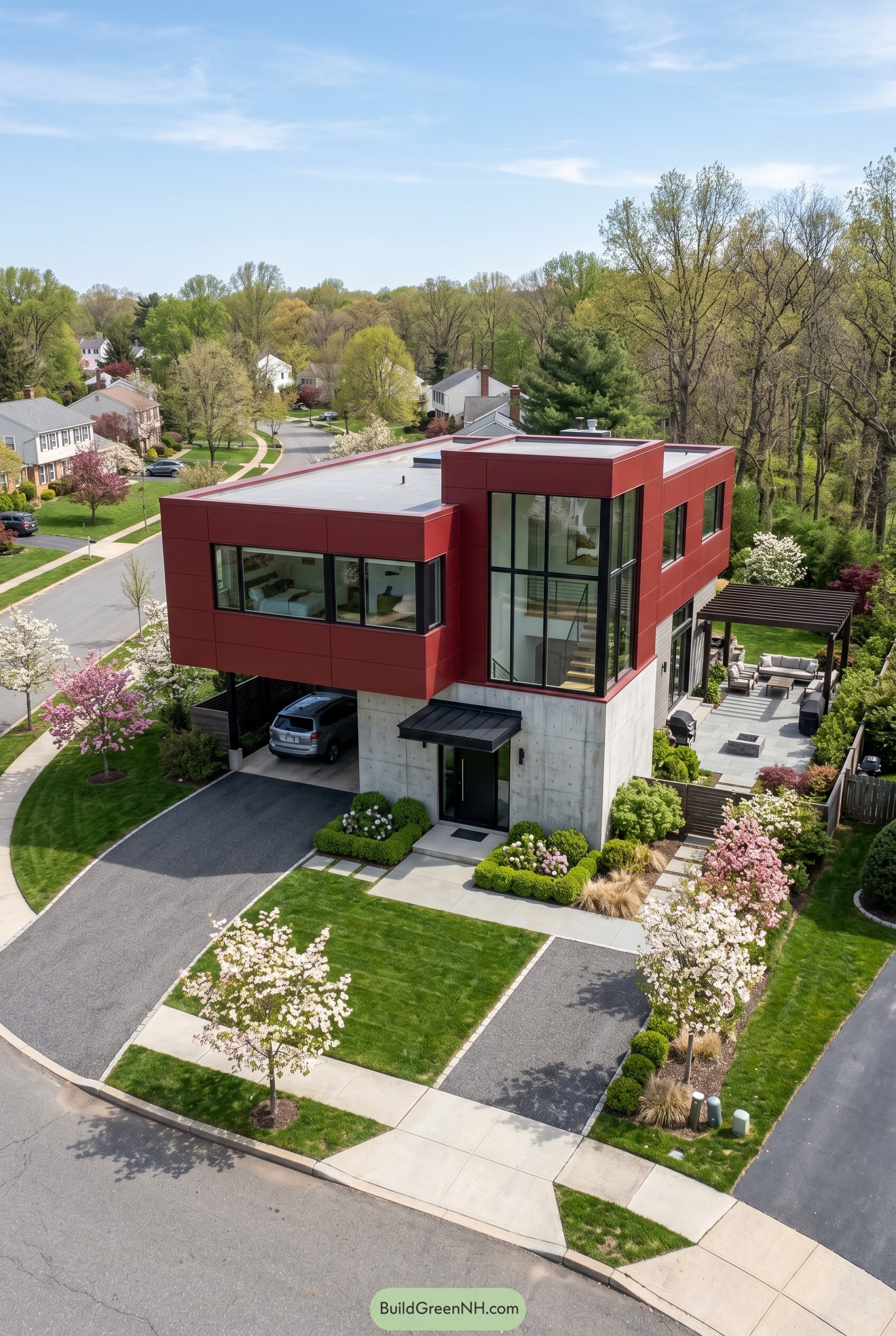 Deep red modern house with cantilevered upper floor