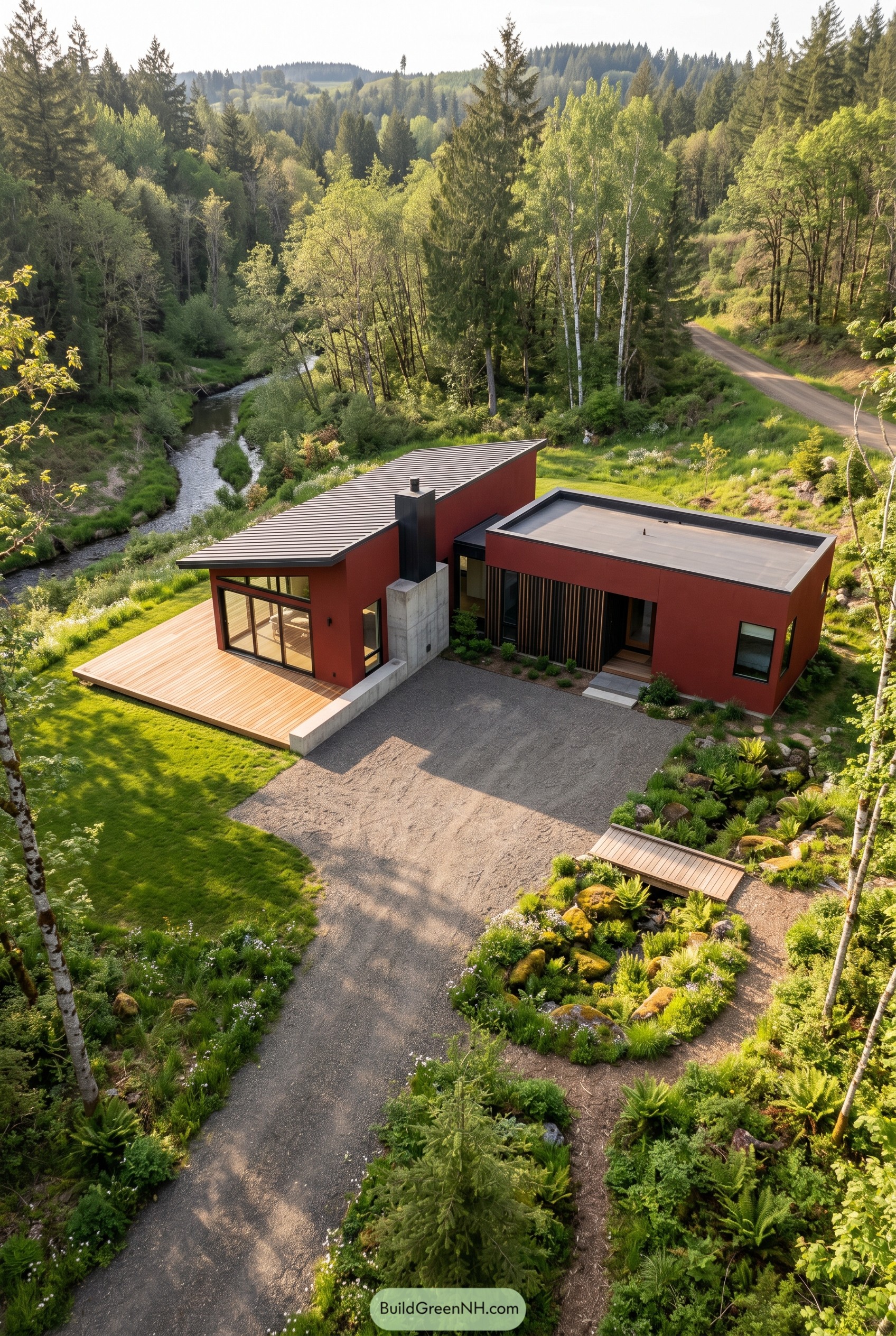 Deep red modern house beside a forest creek