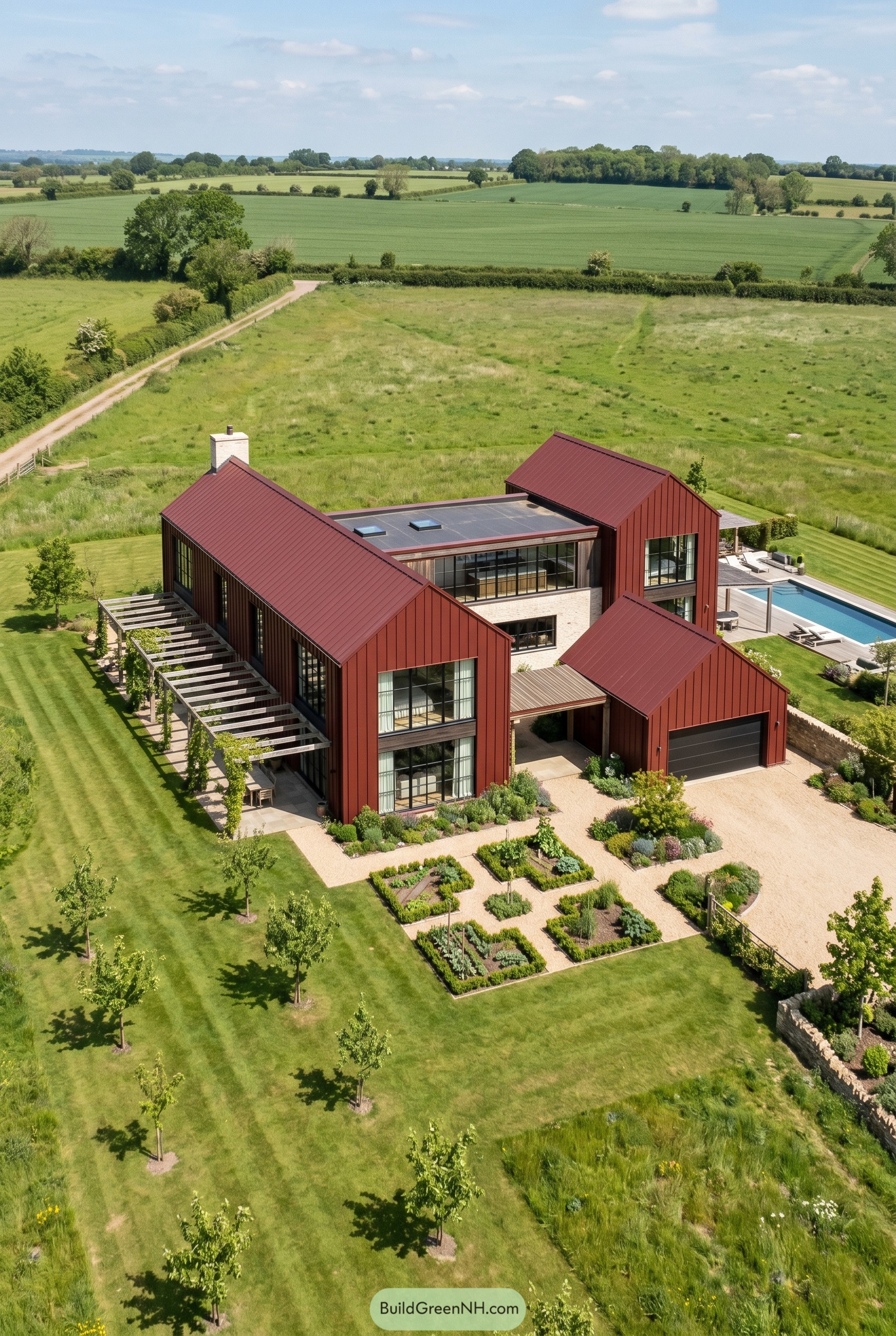Deep red modern farmhouse with pool