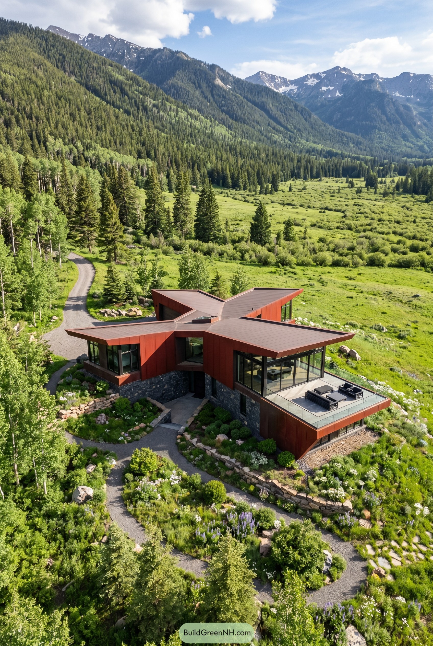 Deep red angular mountain house with terrace