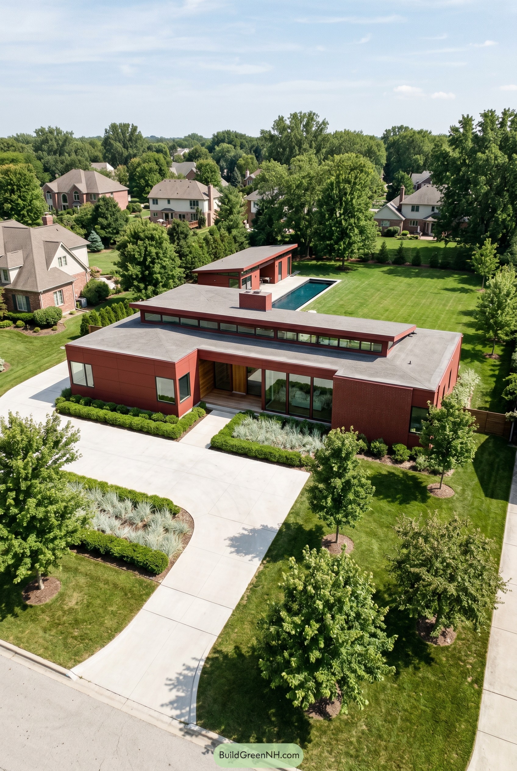 Deep red modern house with pool