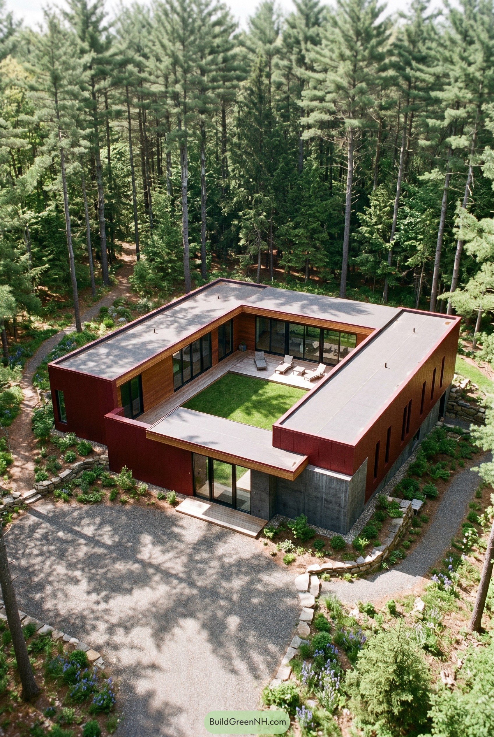Deep red courtyard house in pine forest