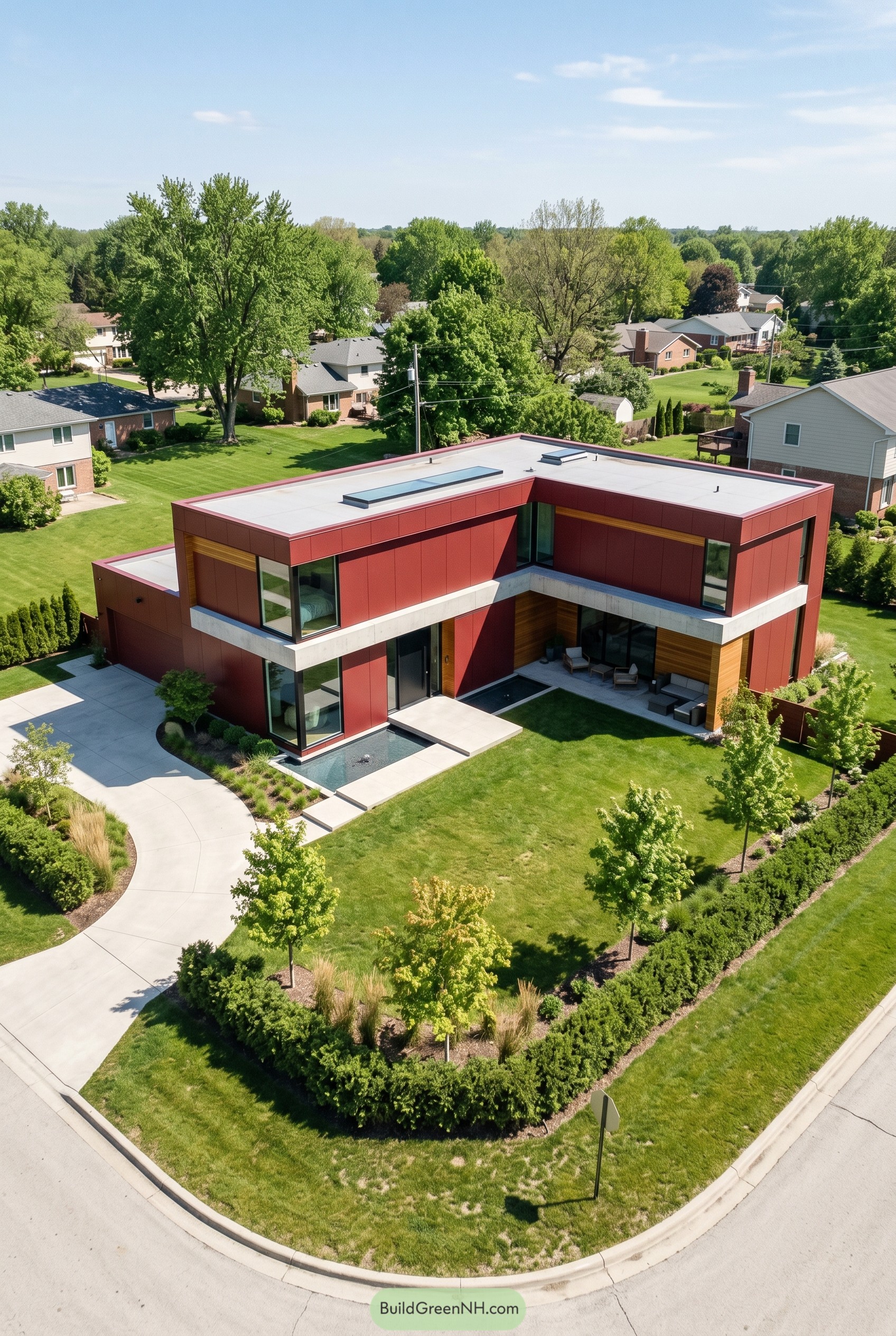 Deep red modern two story house with flat roof and courtyard patio
