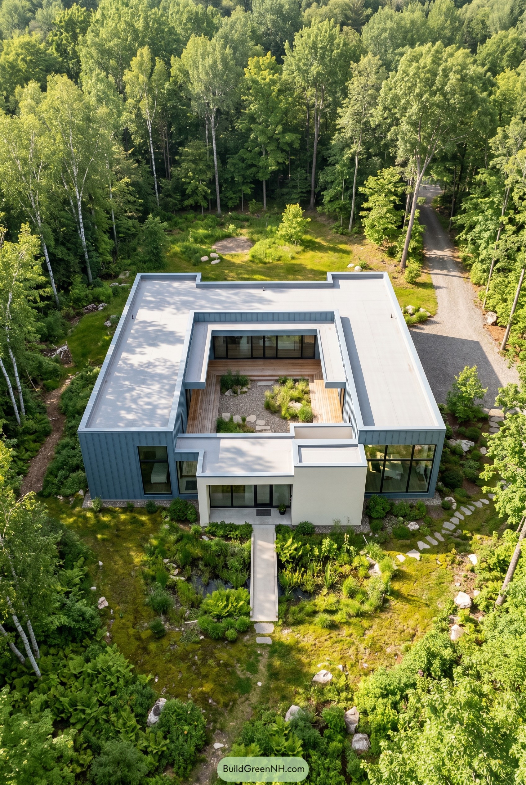 Dusty blue modern courtyard house in forest