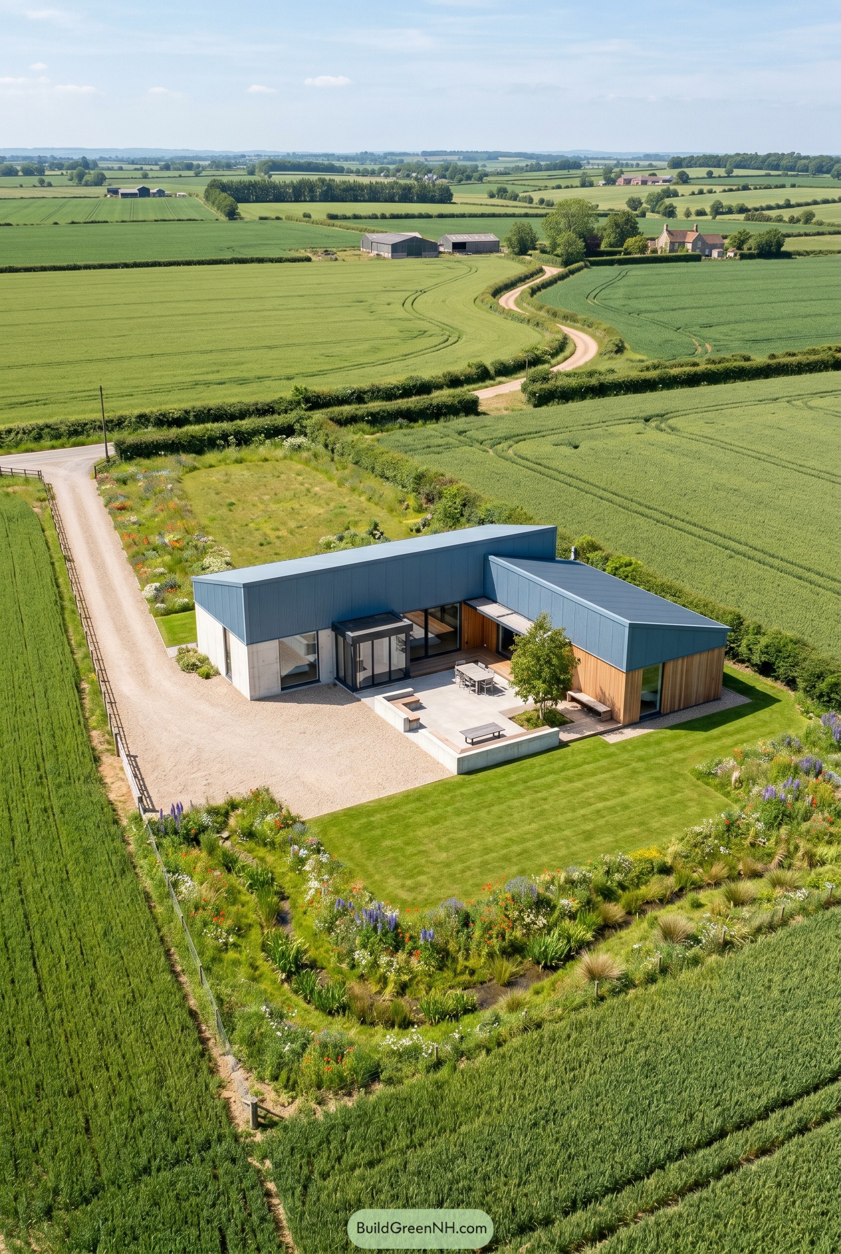 Dusty blue modern house in open fields