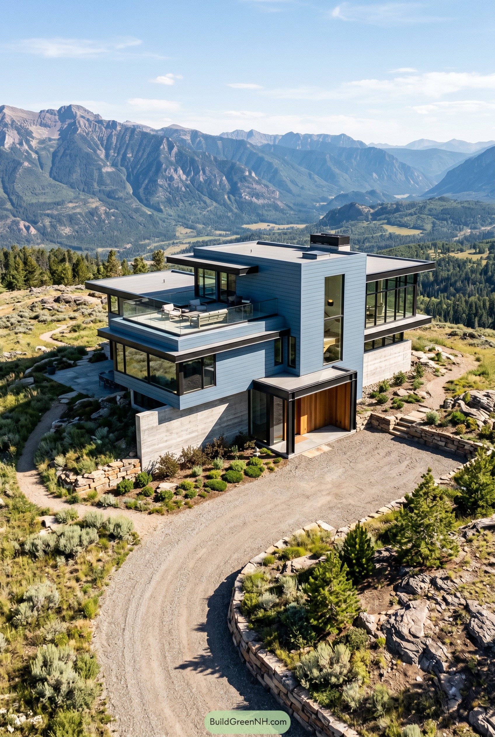 Dusty blue modern mountain house with rooftop terrace