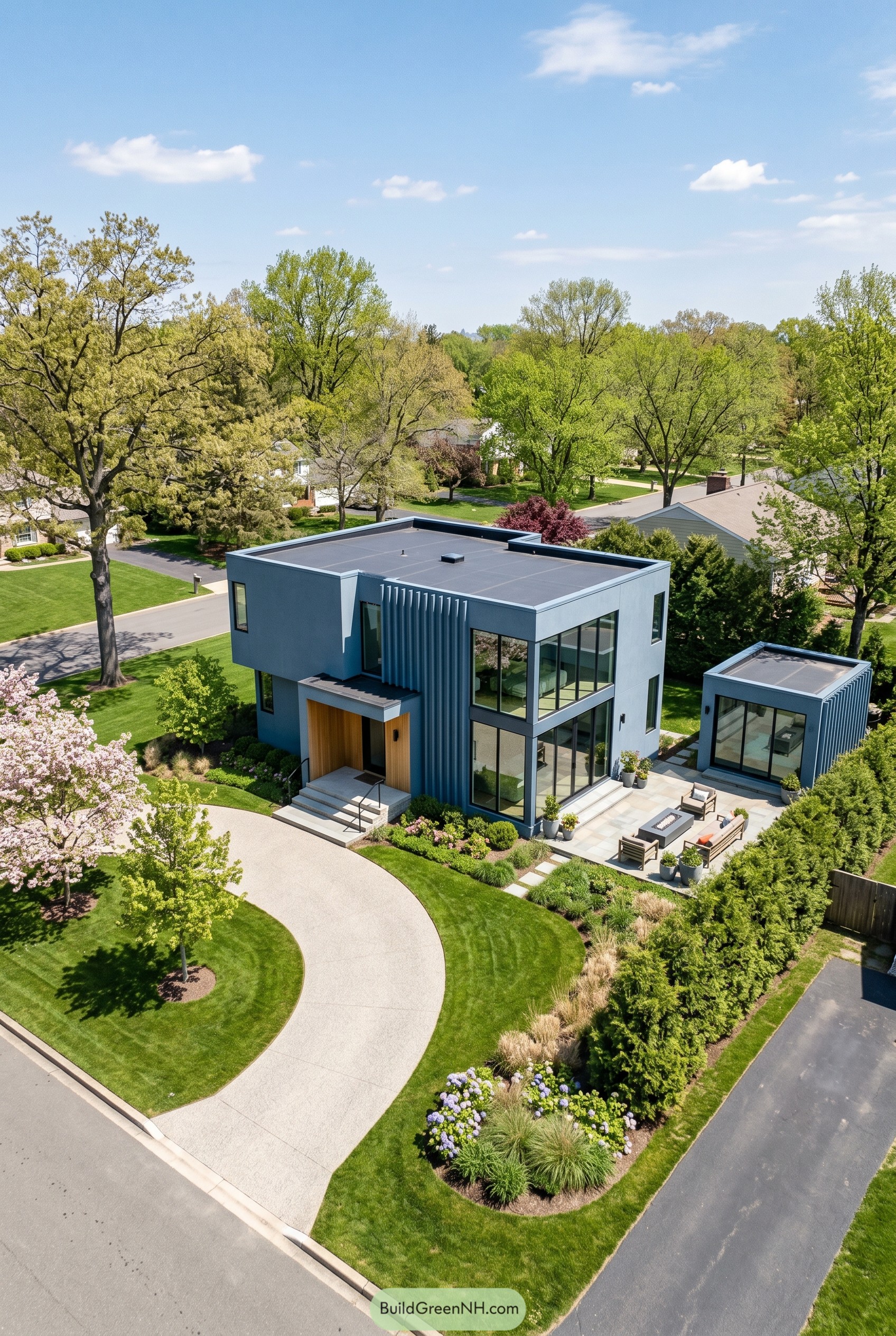 Dusty blue modern cube house with patio