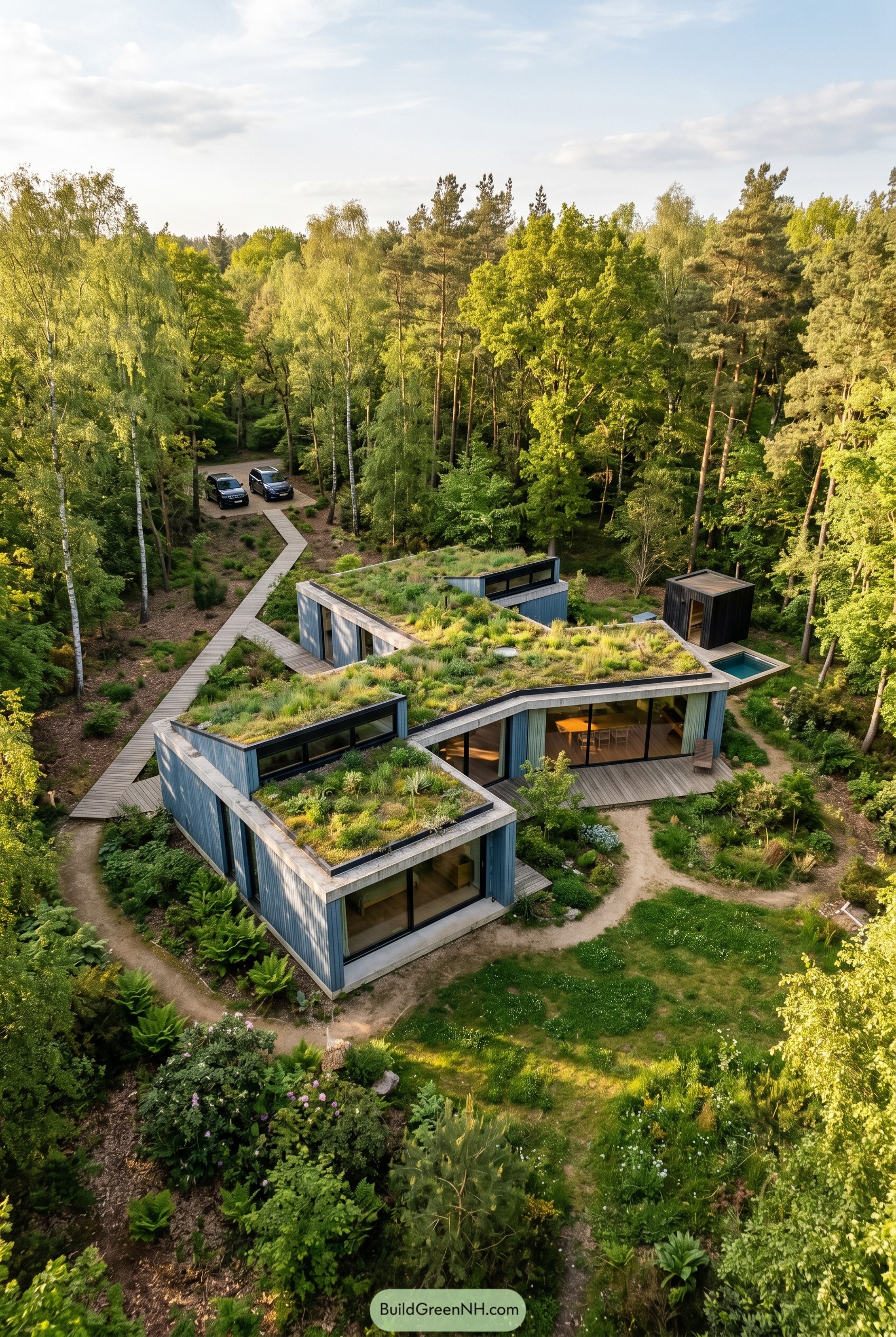 Dusty blue modern house with green roofs in a forest