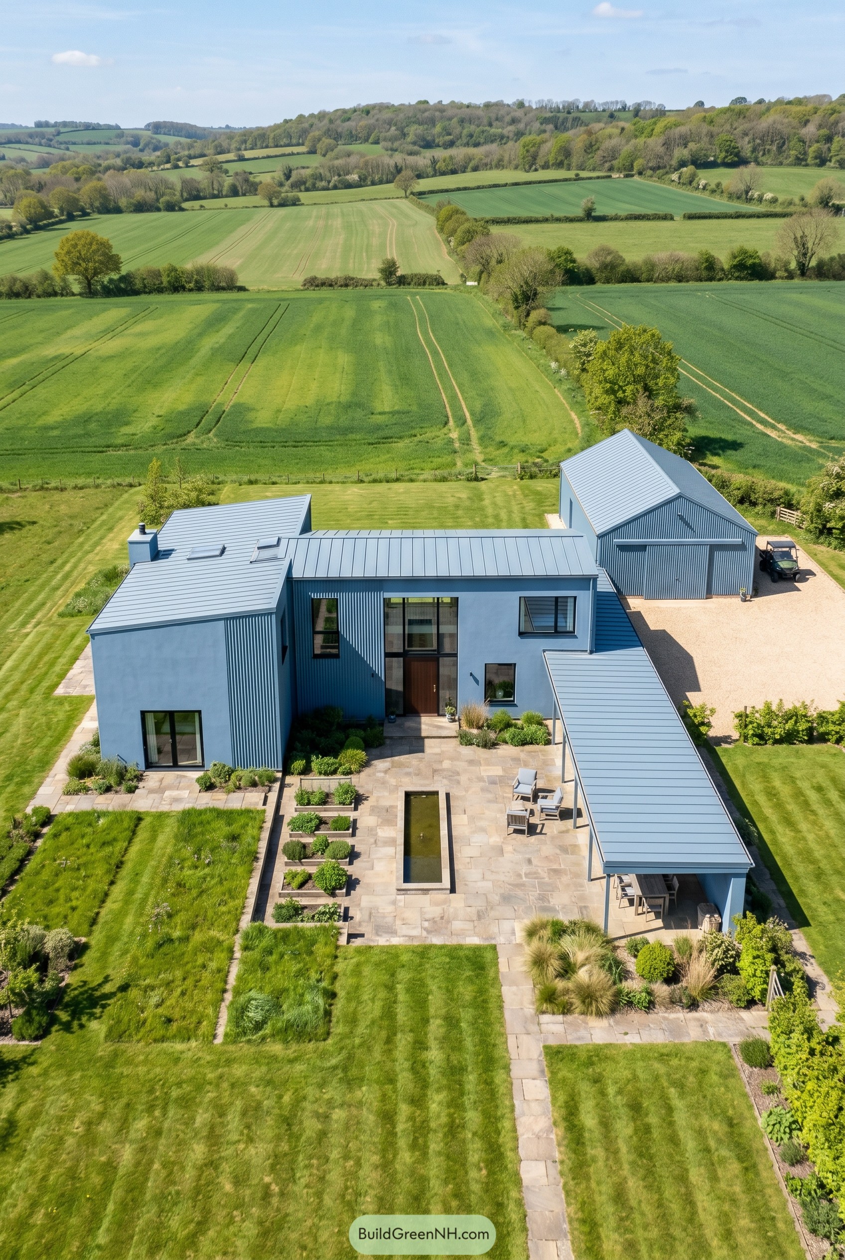 Dusty blue modern farmhouse with courtyard and detached barn