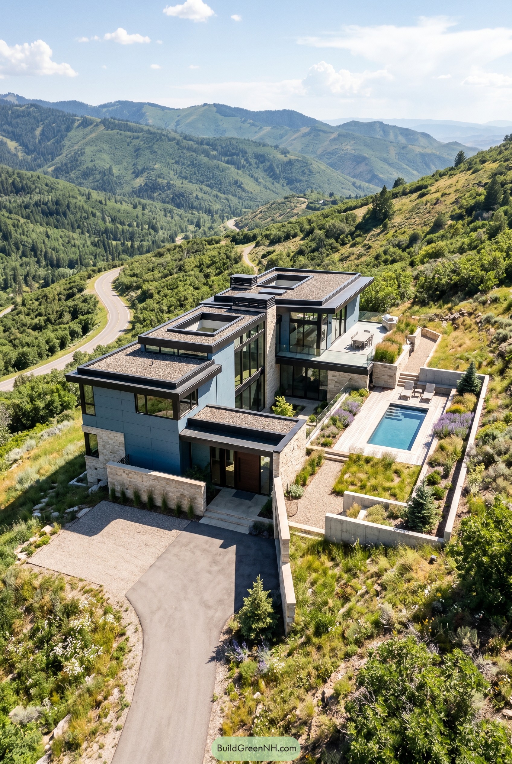 Dusty blue modern hillside house with pool terrace