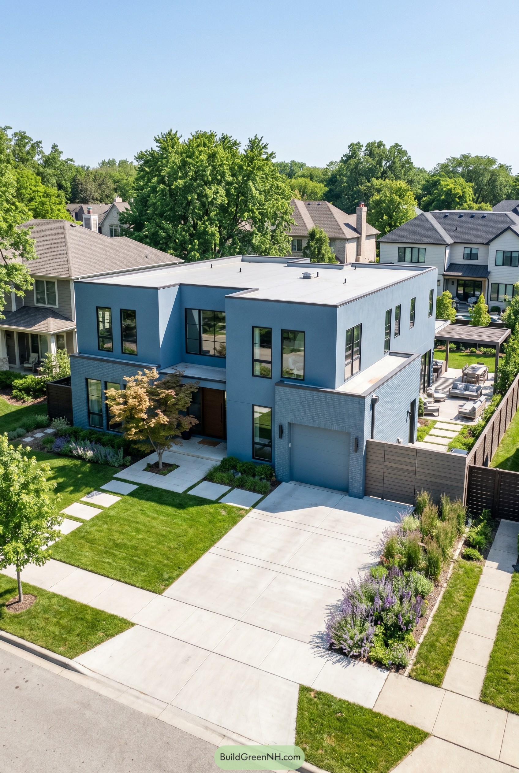 Dusty blue modern box house with flat roof