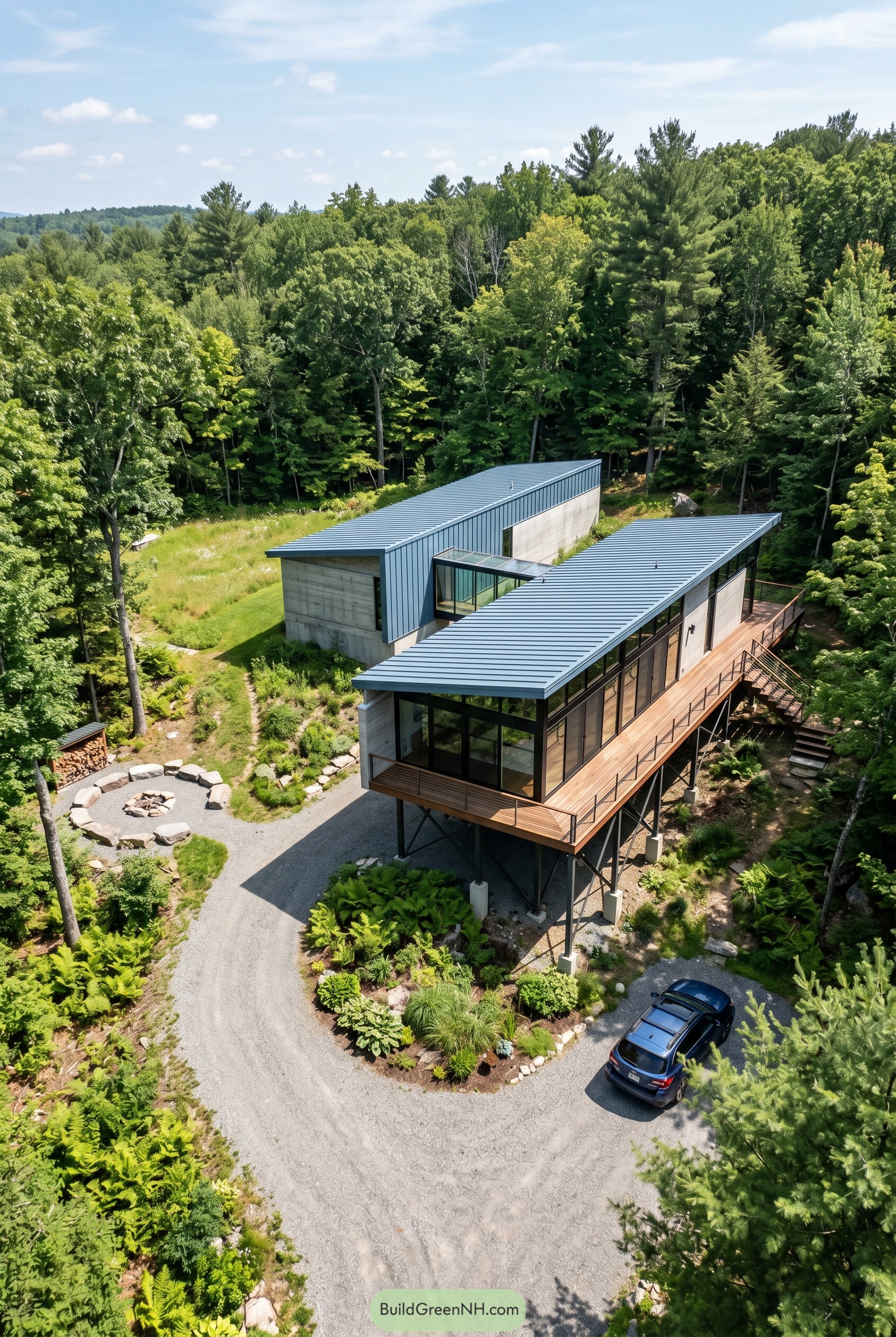 Dusty blue modern house with skybridge deck in forest