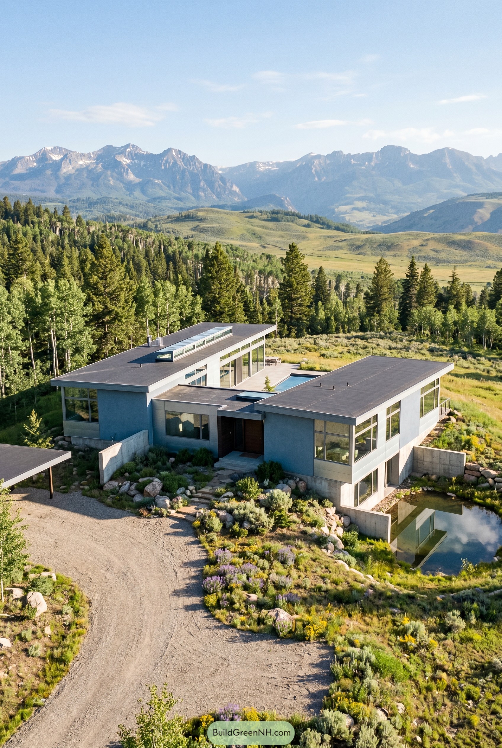Dusty blue modern house with flat roofs in a mountain meadow