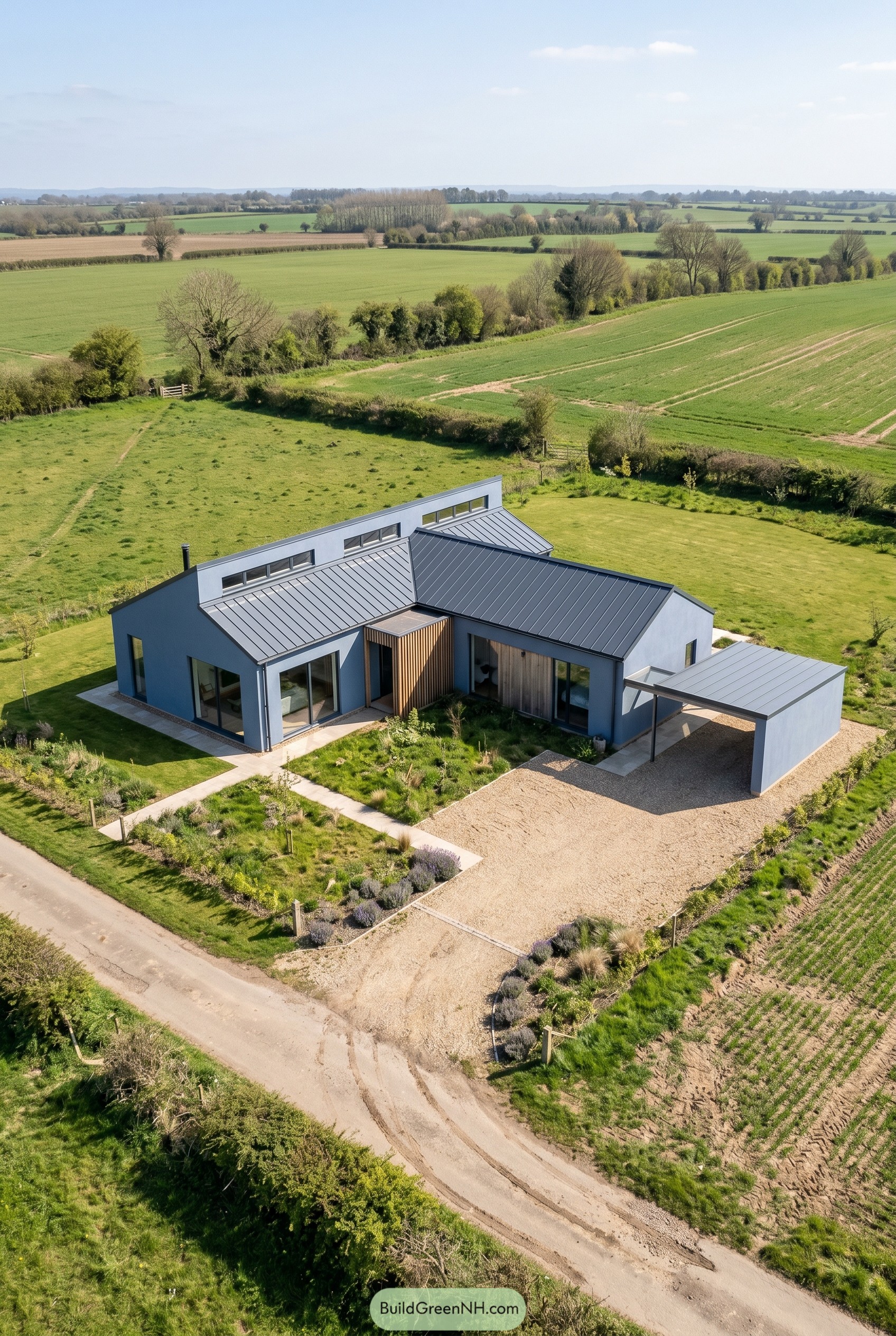 Dusty blue modern house with courtyard and carport