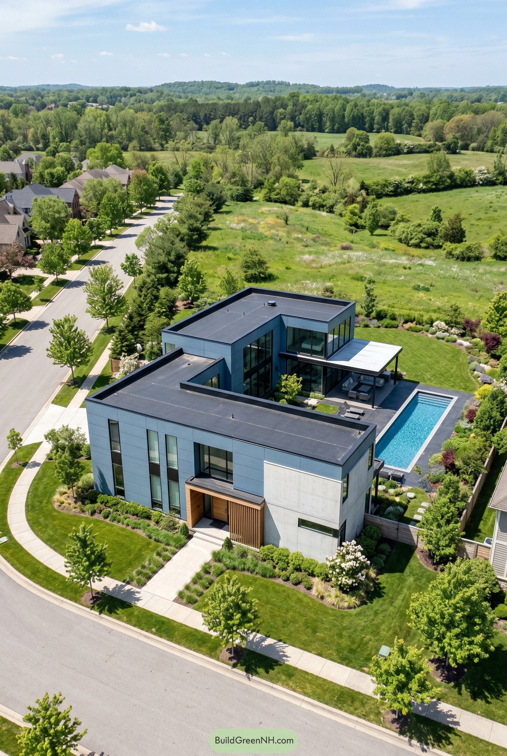 Dusty blue modern house with lap pool