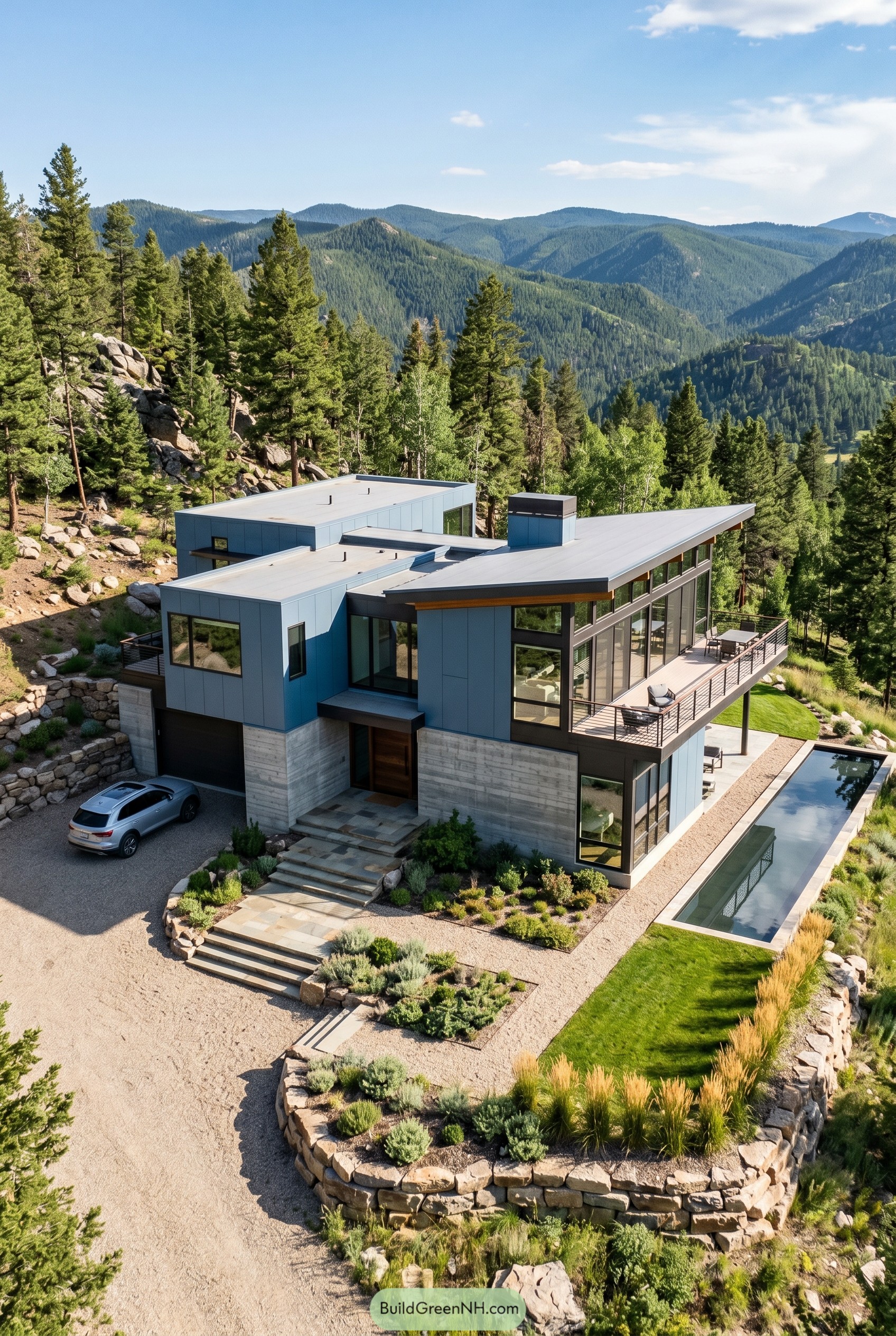 Dusty blue modern hillside home with pool