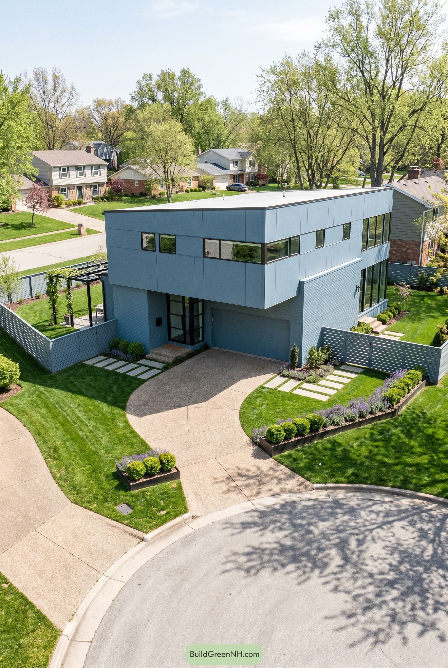 Dusty blue modern house with flat roof and ribbon windows