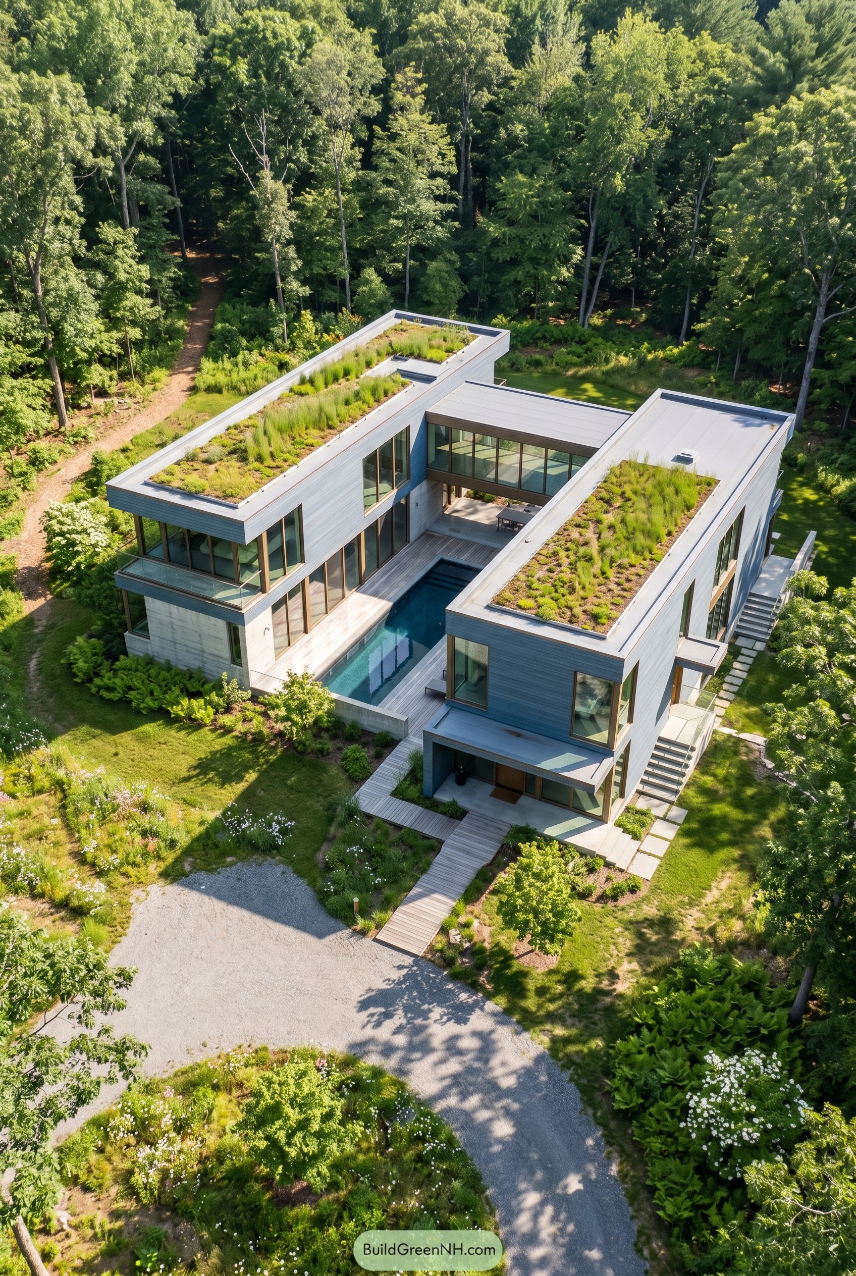 Dusty blue modern courtyard home with green roofs