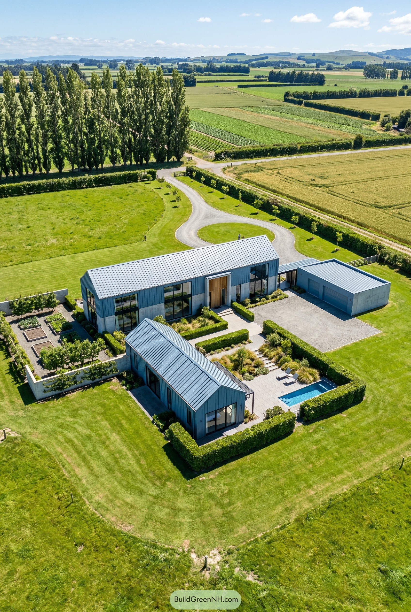 Dusty blue gabled home with detached pavilion