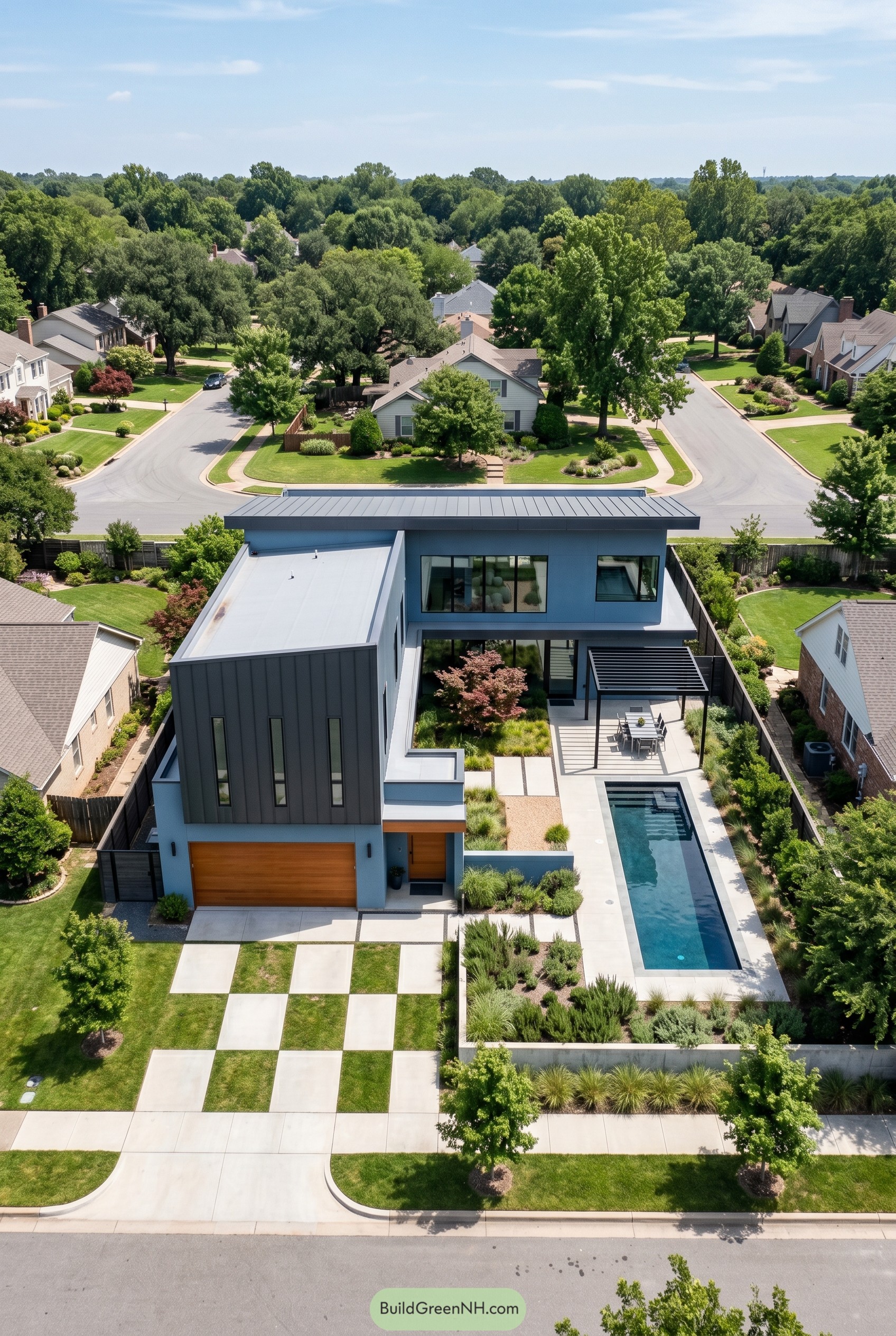 Dusty blue modern home with lap pool