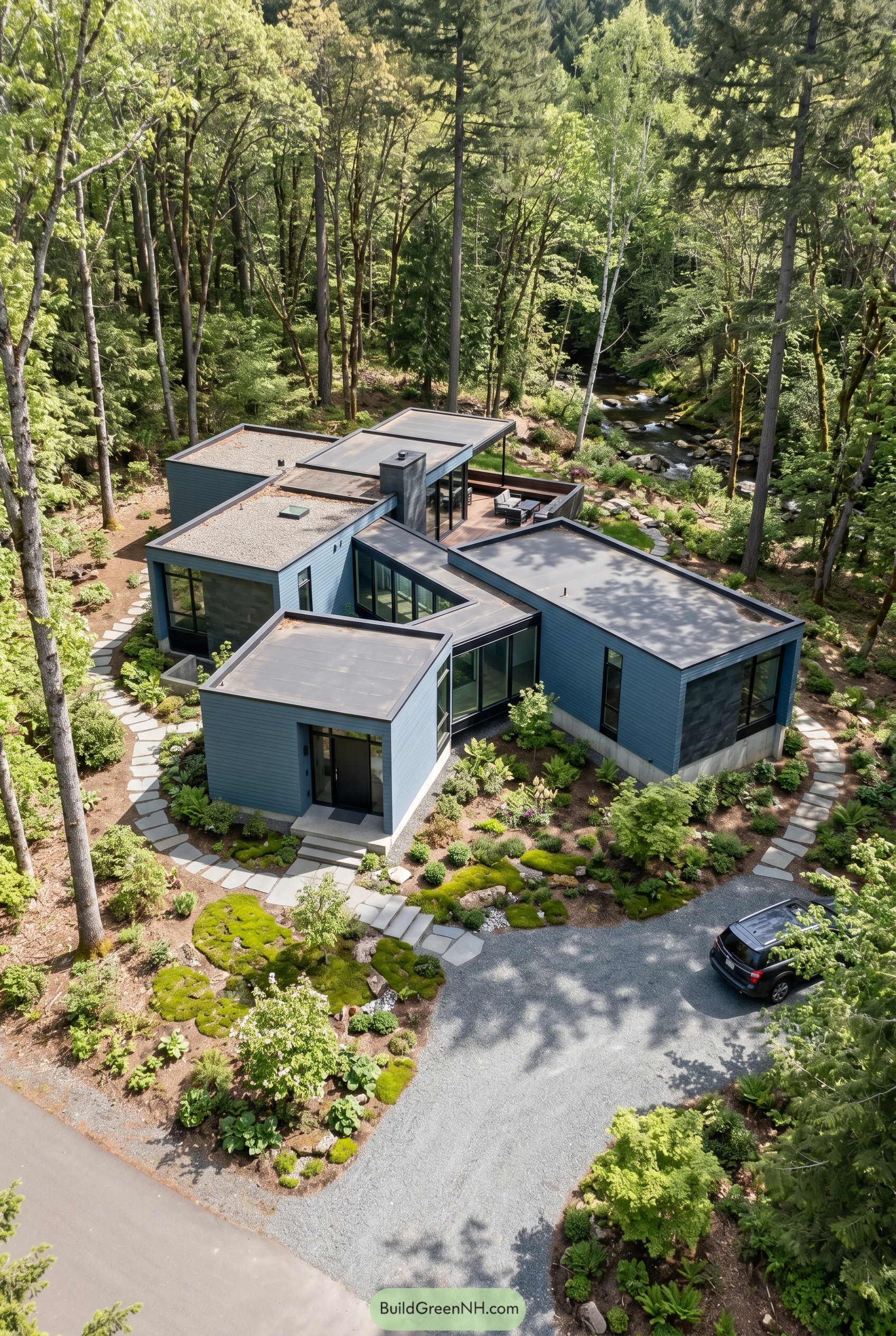Dusty blue modern house in forest by a stream