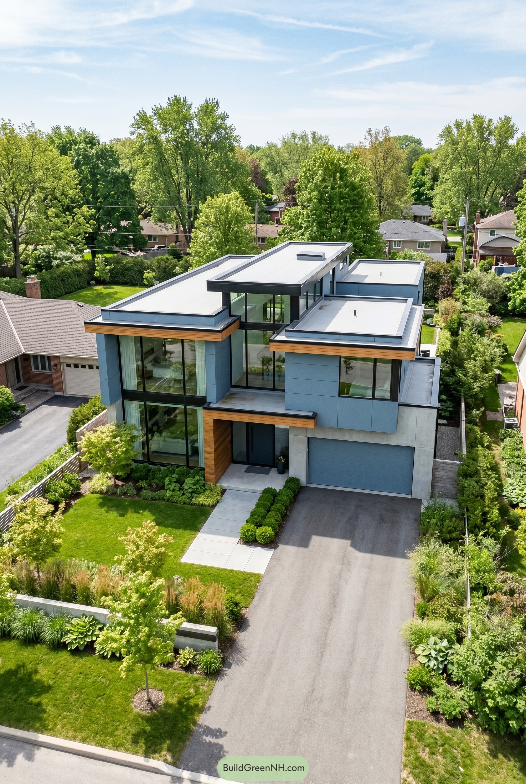 Dusty blue modern house with flat roofs