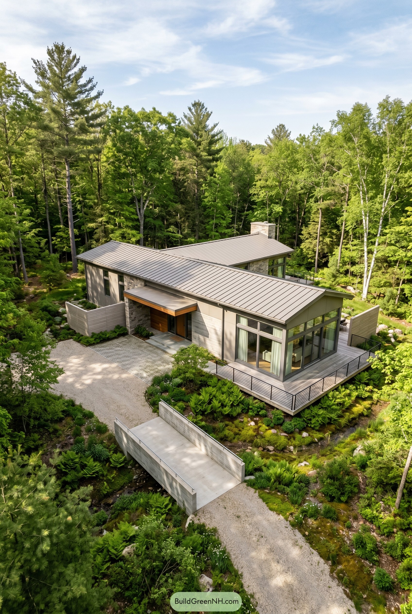 Greige modern house with metal roof in woods