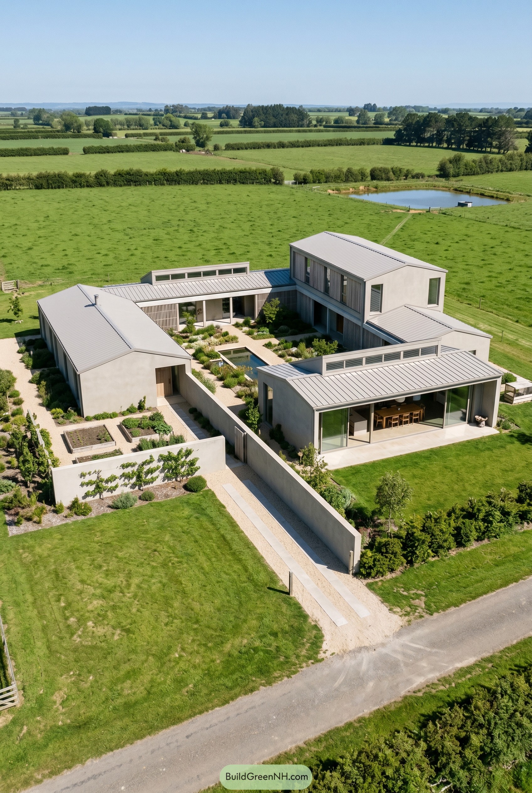 Greige courtyard home with gabled wings in open pasture