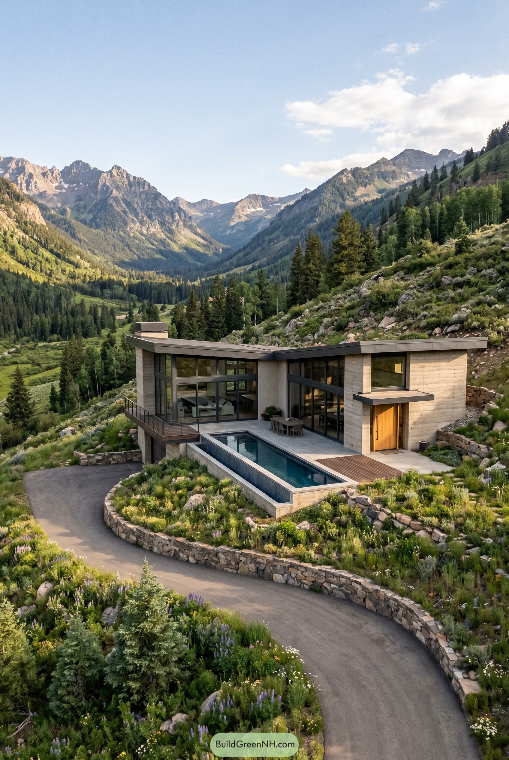Greige hillside modern home with lap pool