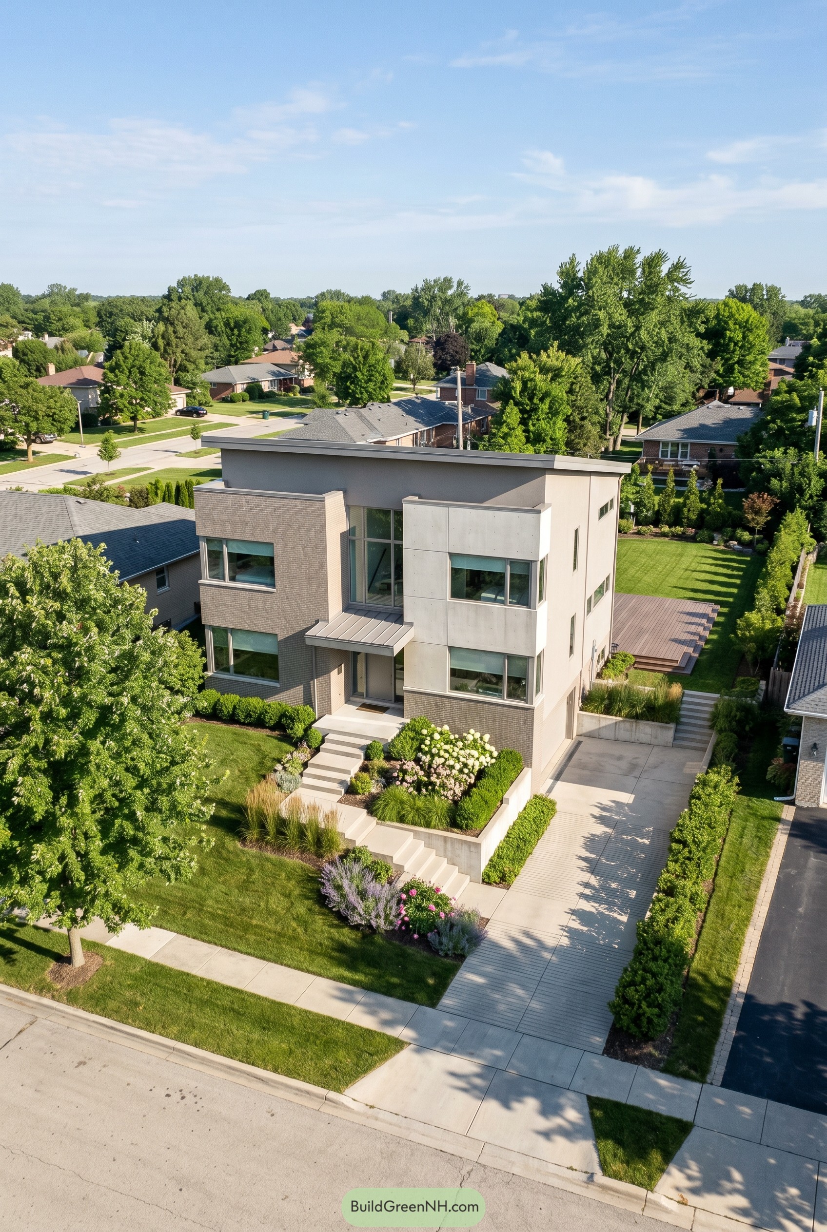 Three story greige modern house with flat roof