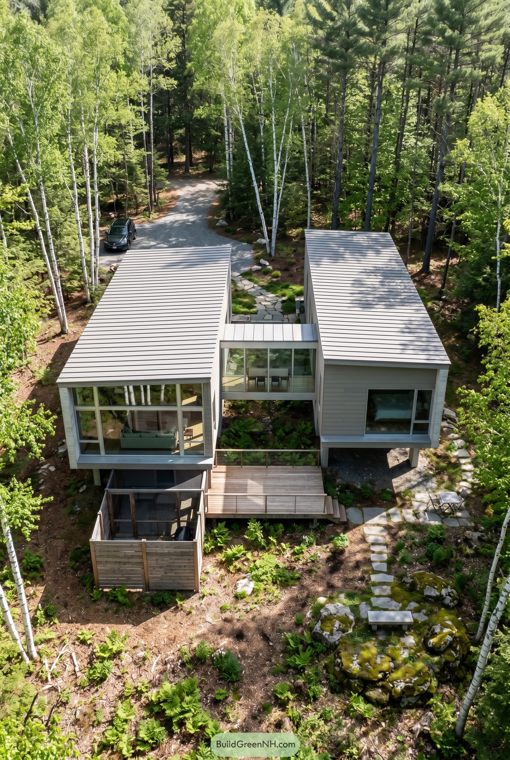 Greige modern house with twin gabled wings and a glass connector in the forest