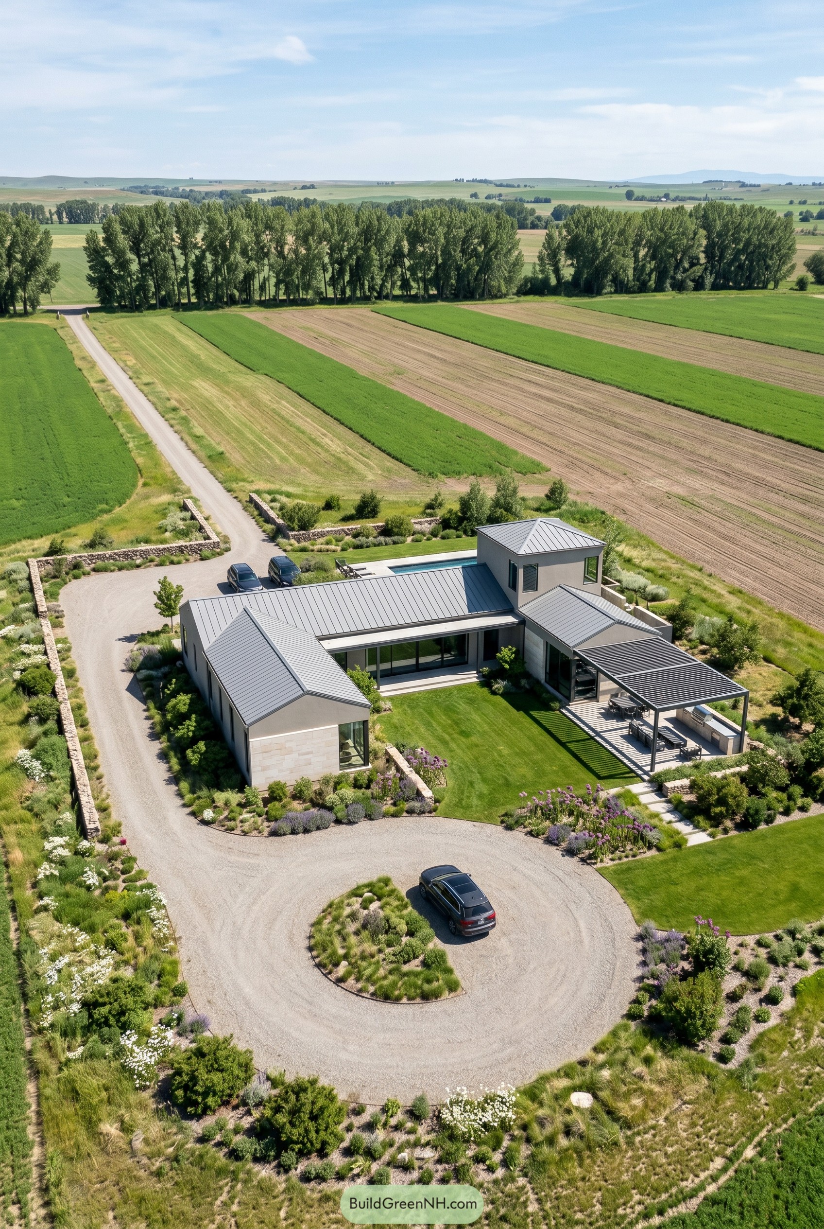 Aerial view of a greige modern farmhouse with metal roofs and a circular gravel drive