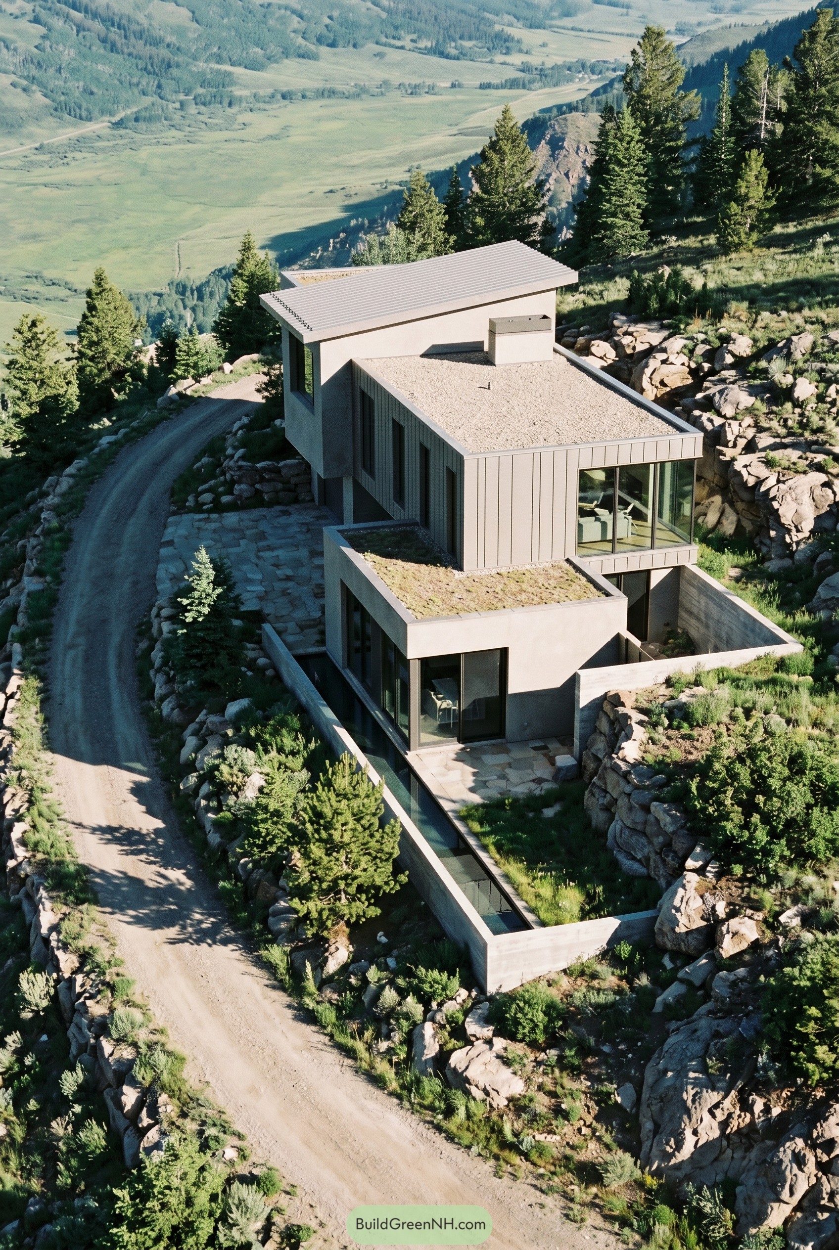 Greige modern hillside house with layered roofs