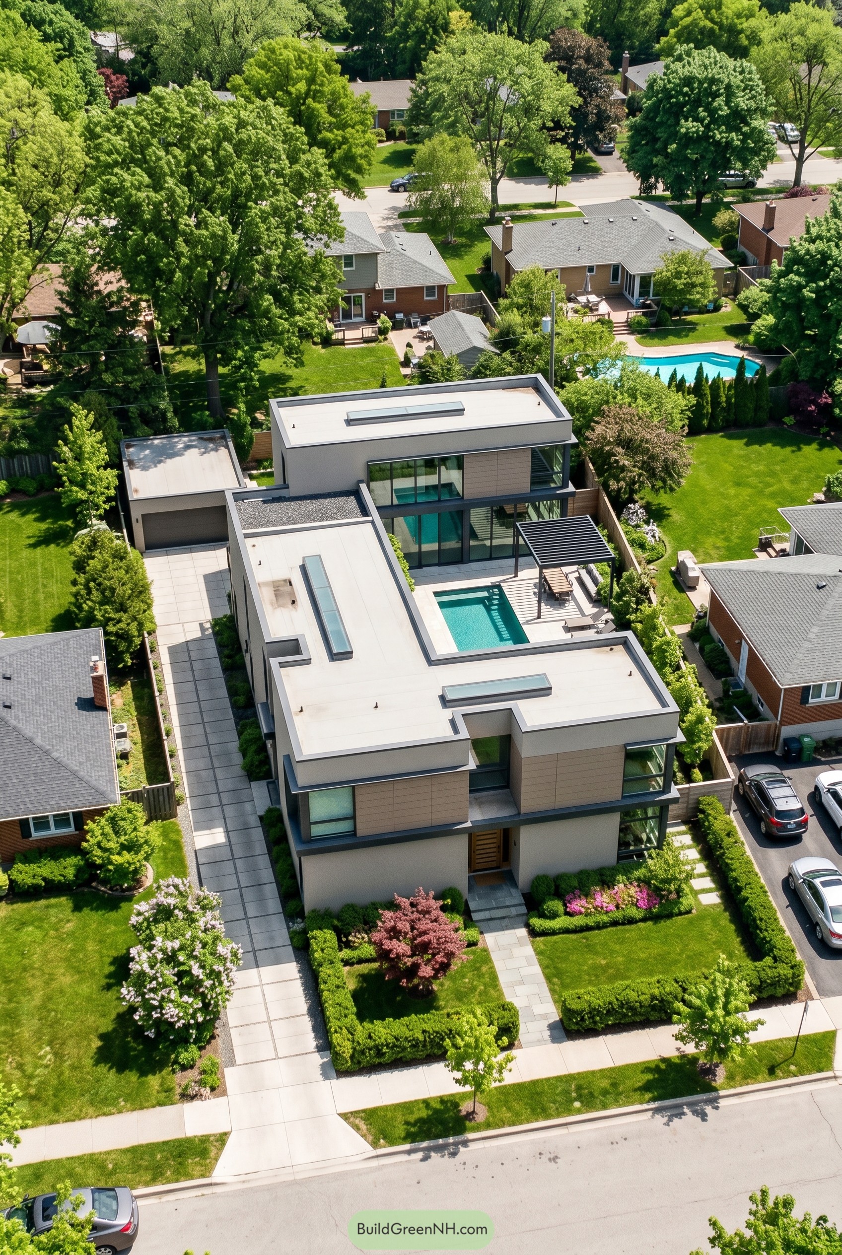 Aerial view of greige modern house with courtyard pool