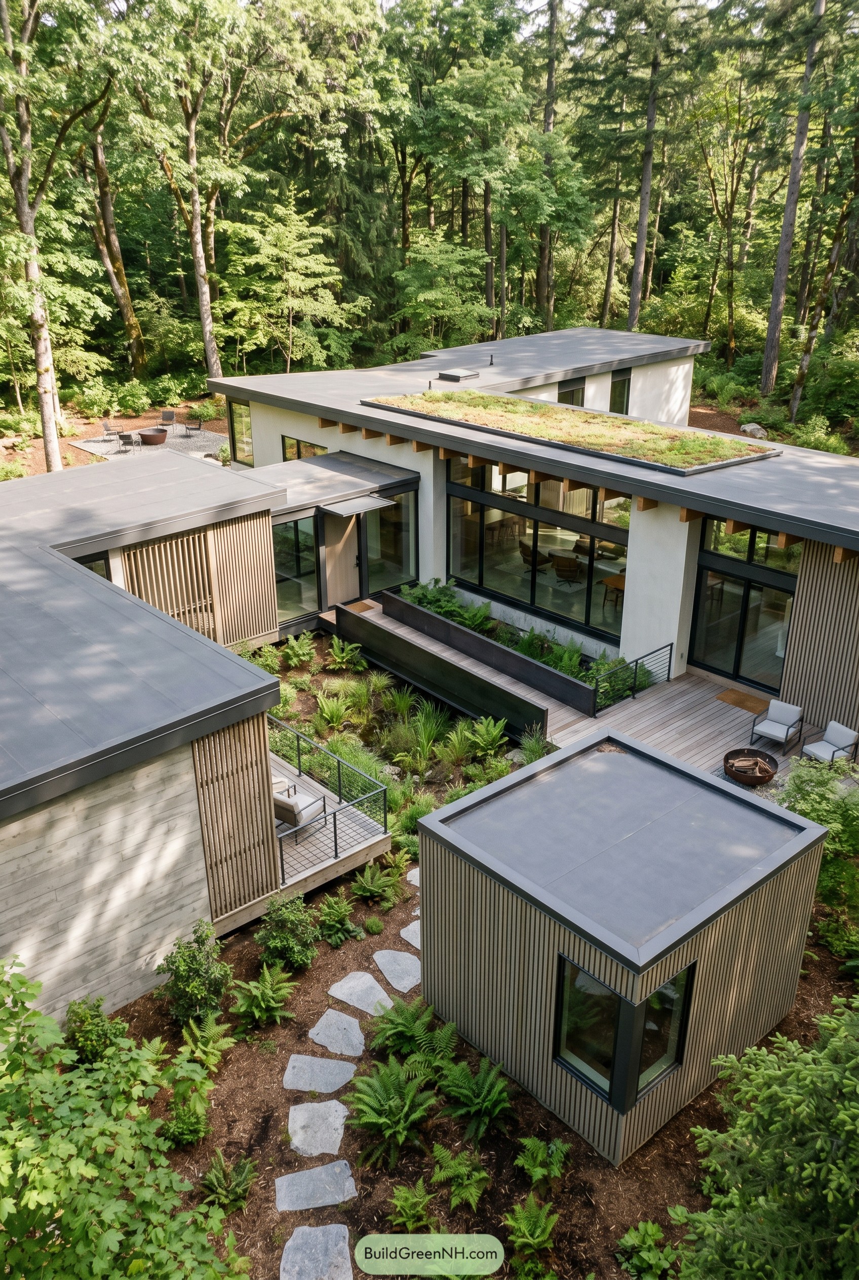 Greige flat roof residence with forest courtyard