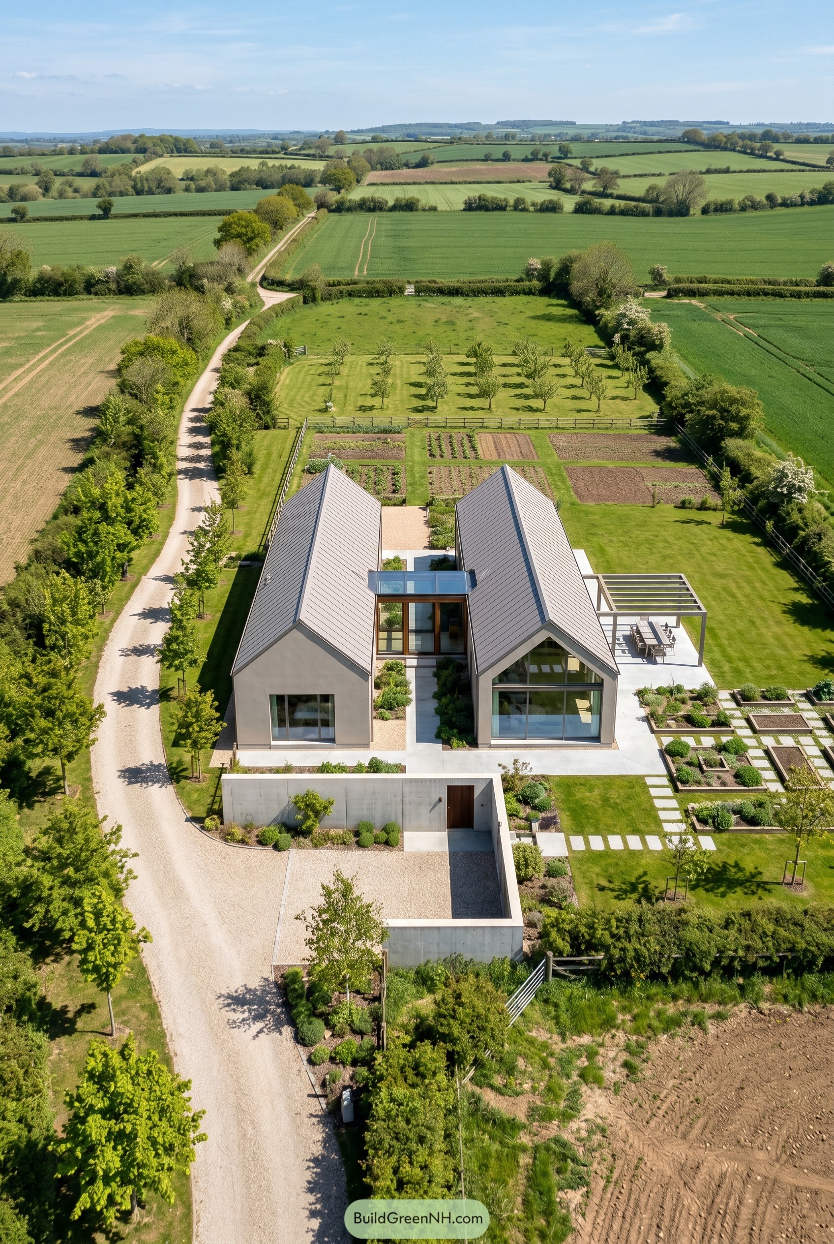 Aerial view of greige twin gable house with gardens