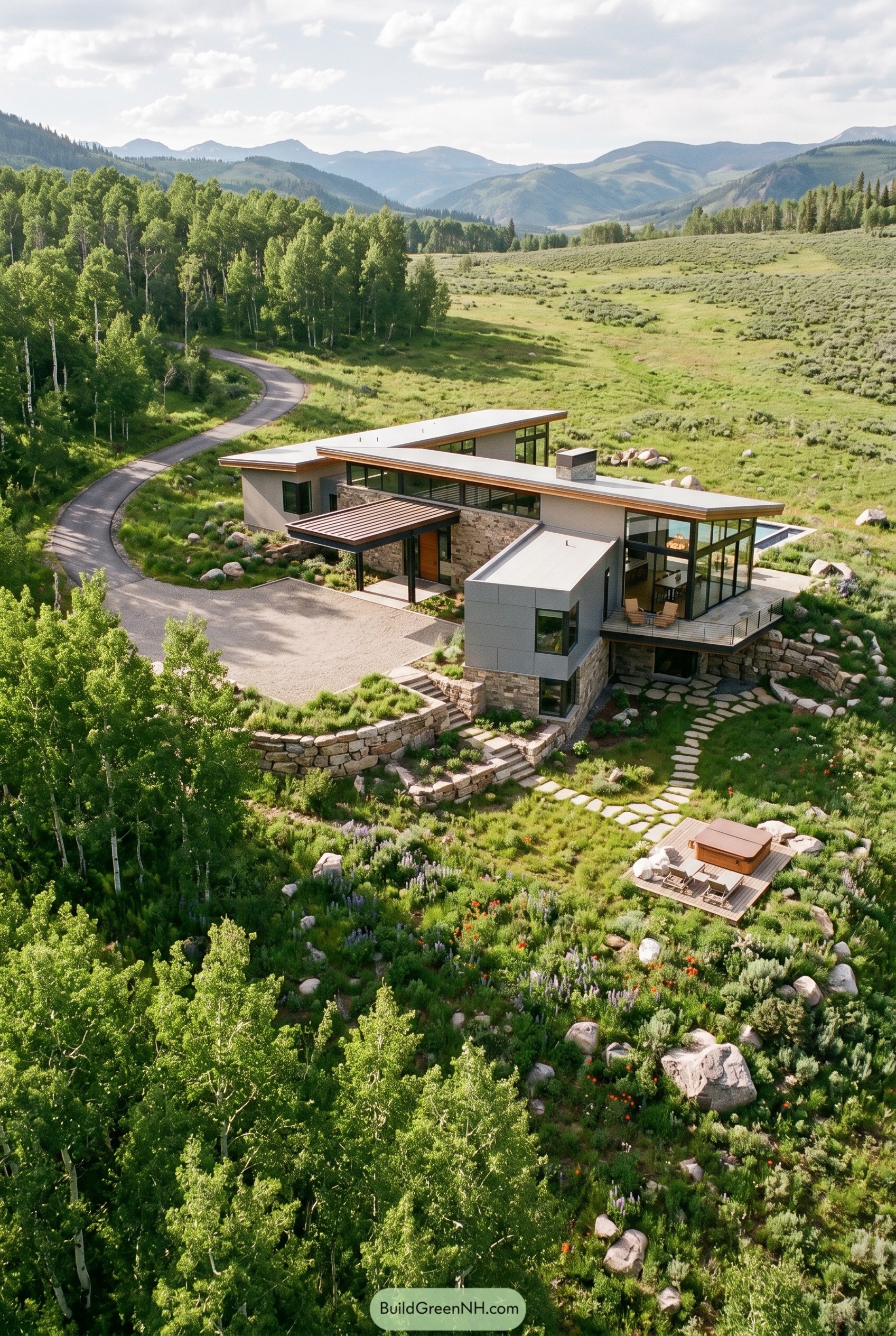 Greige modern home with stone terraces in a mountain meadow