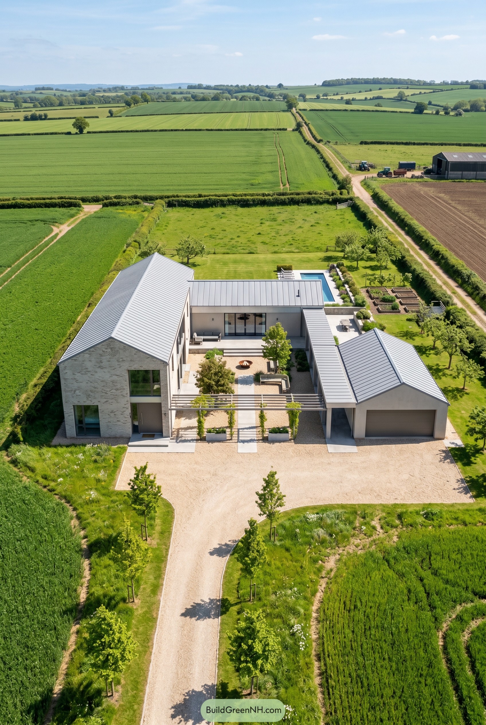 Aerial view of greige gabled house with courtyard and pool