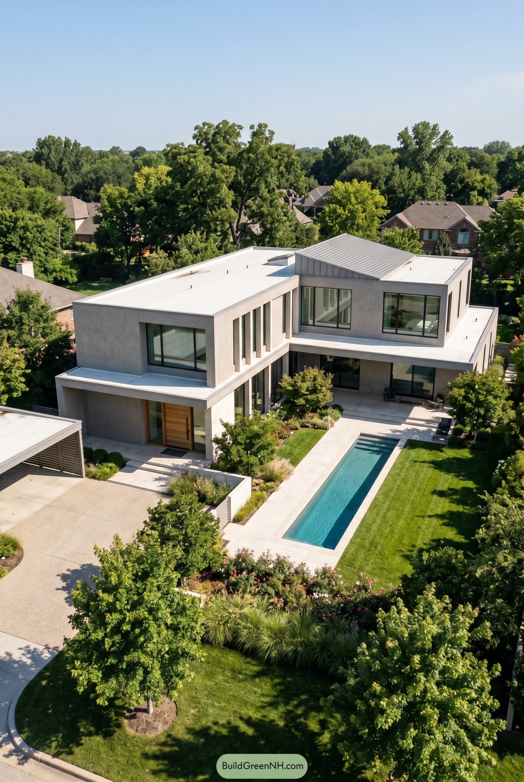 Greige modern house with lap pool