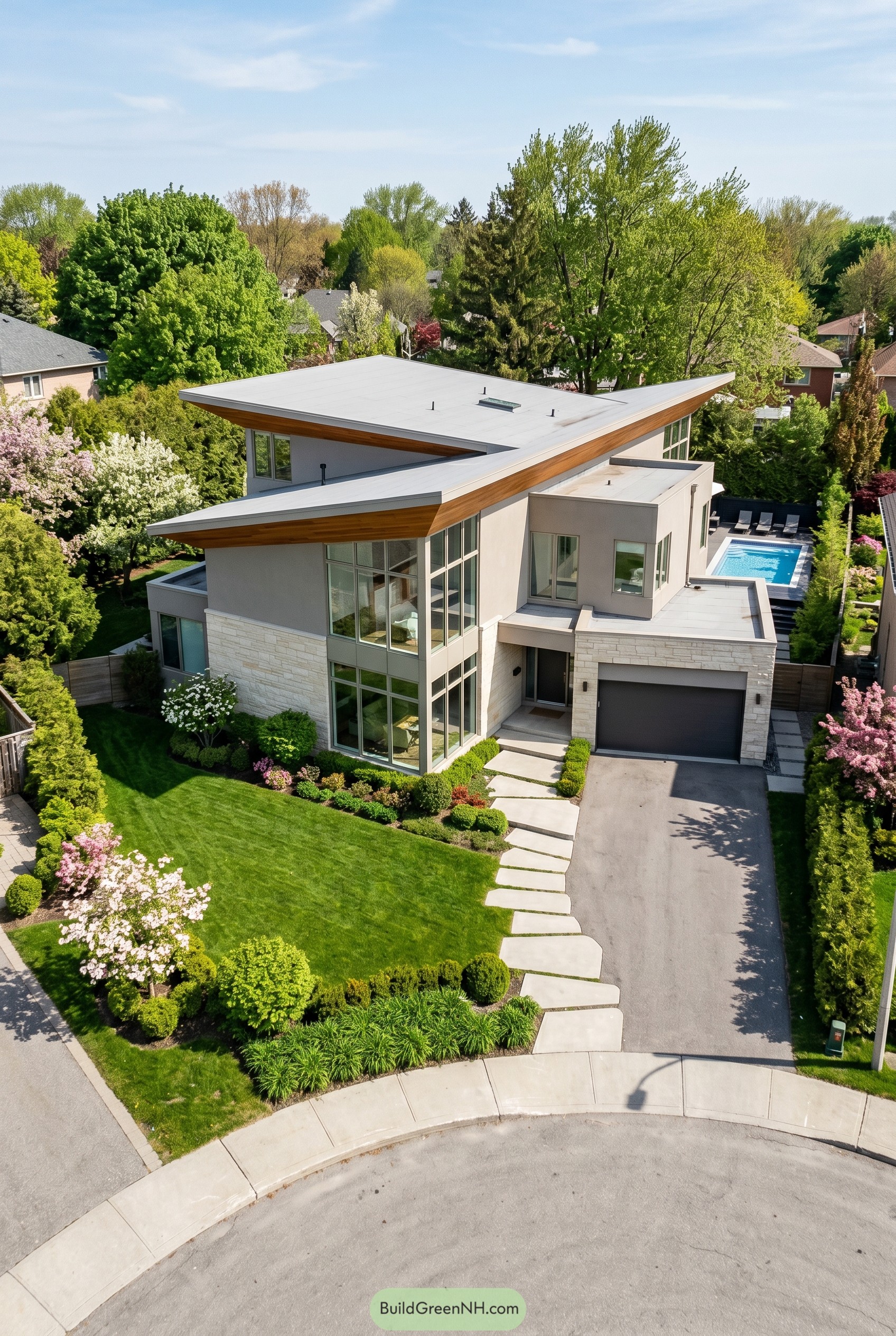 Angular greige modern house with cantilevered roofs and pool