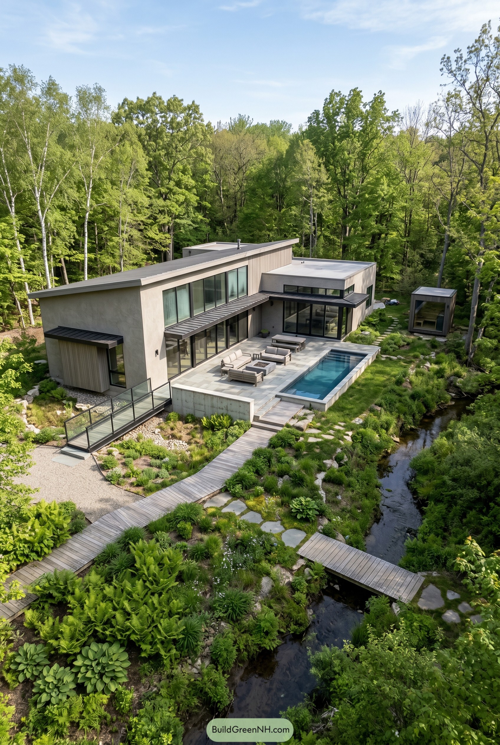 Greige modern house with pool beside stream