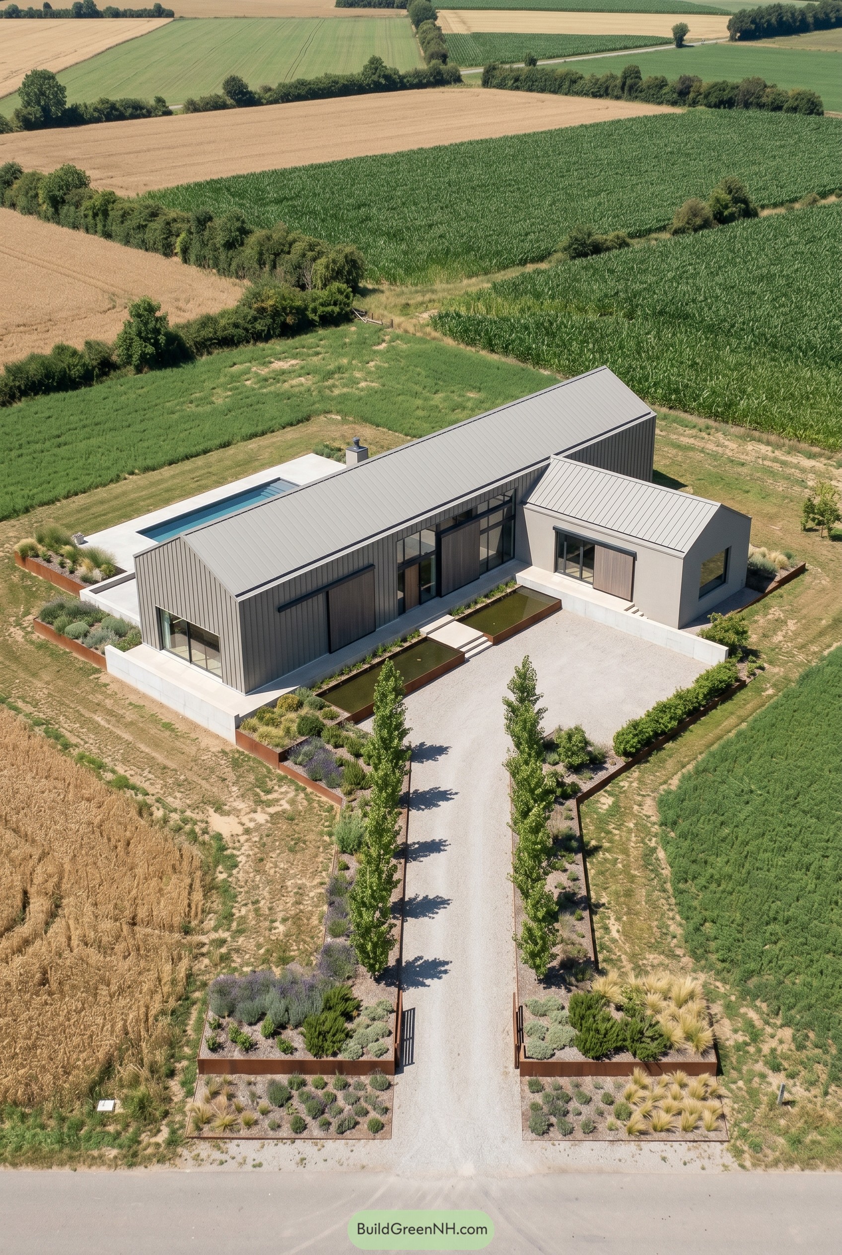 Aerial view of a greige modern house with twin gables in farmland