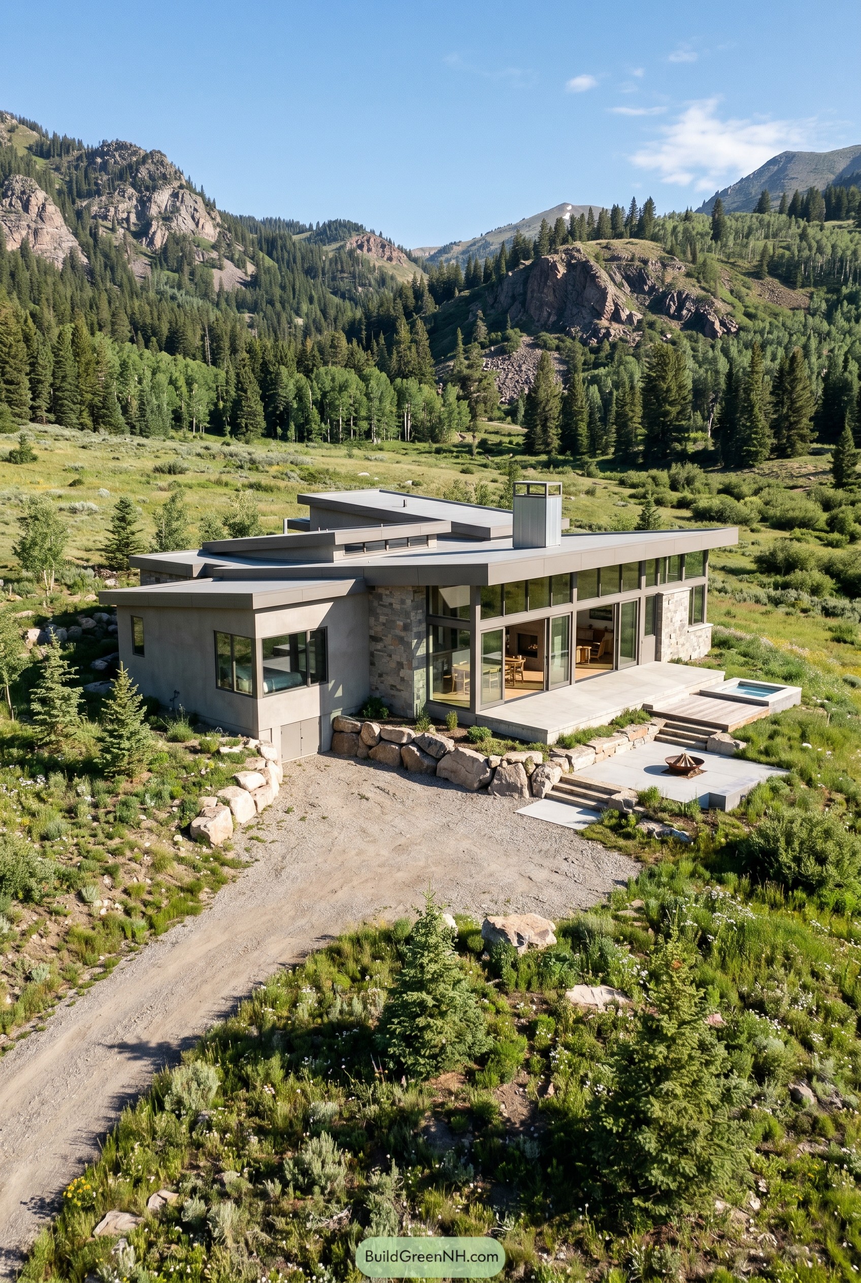 Greige modern mountain house with flat roofs