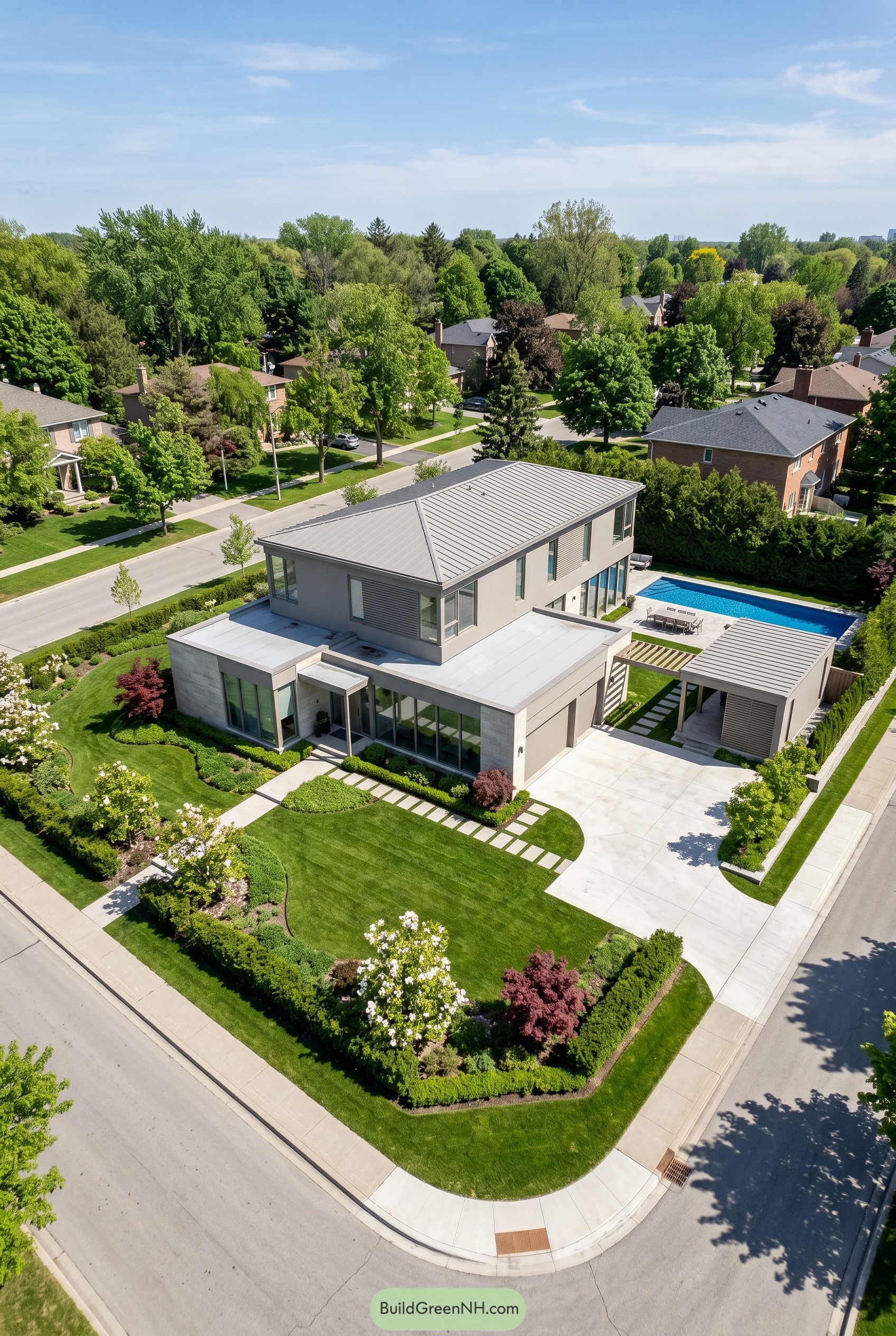 Greige modern house with hipped roof pool and manicured corner garden