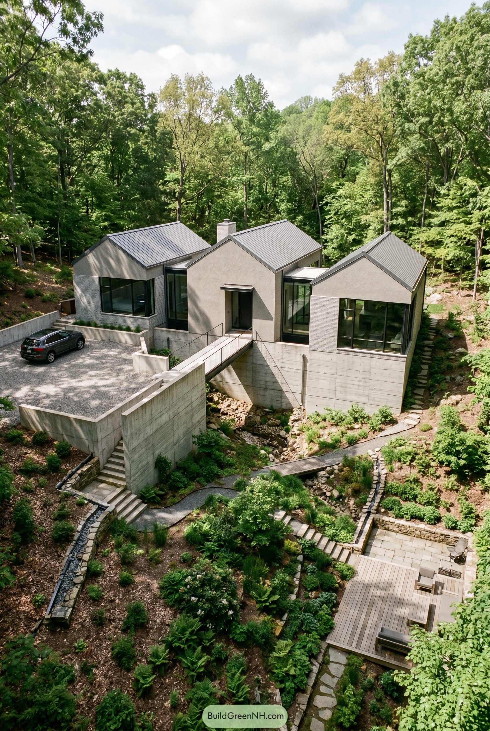 Greige hillside home with bridge entry