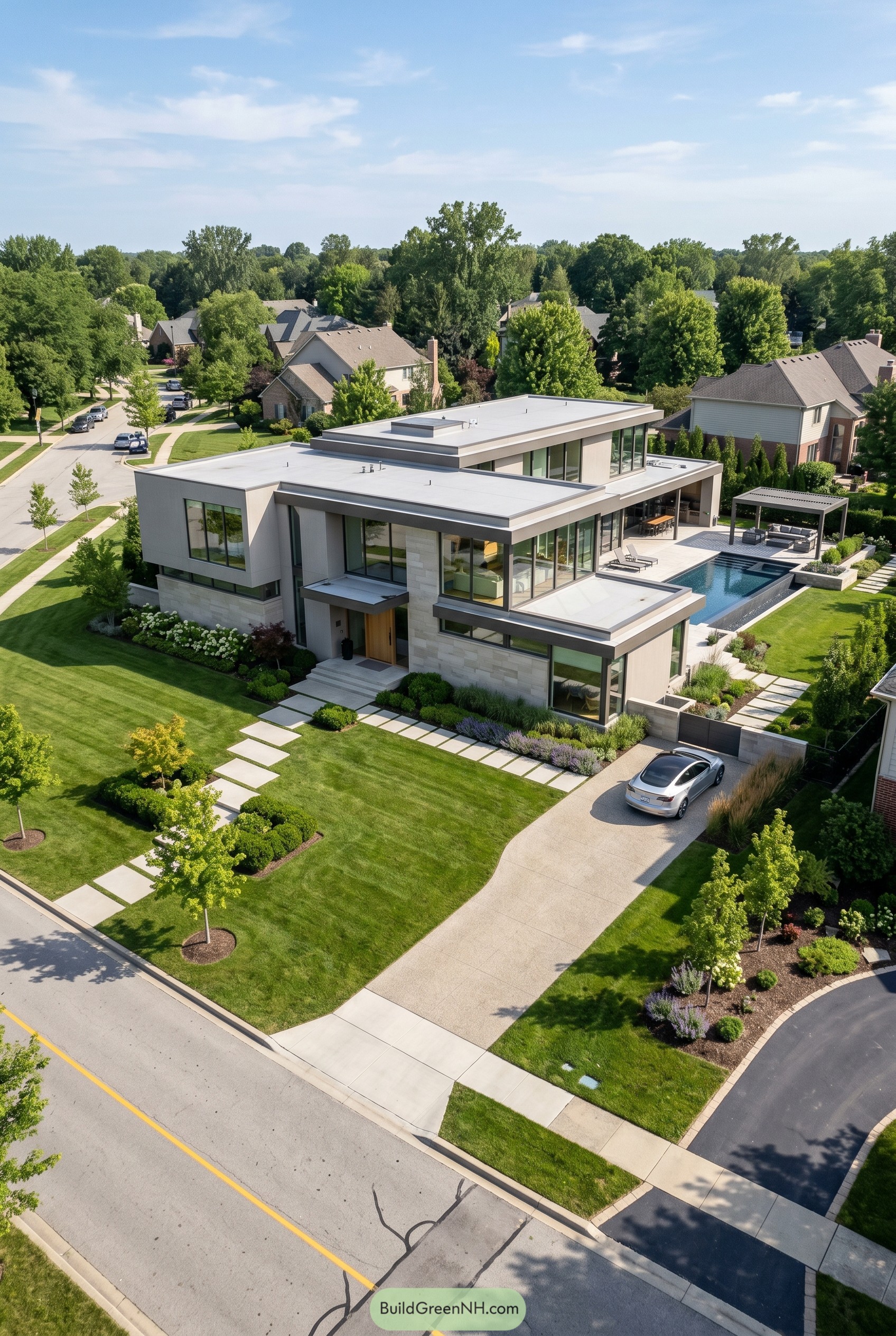 Greige flat roof modern home with pool