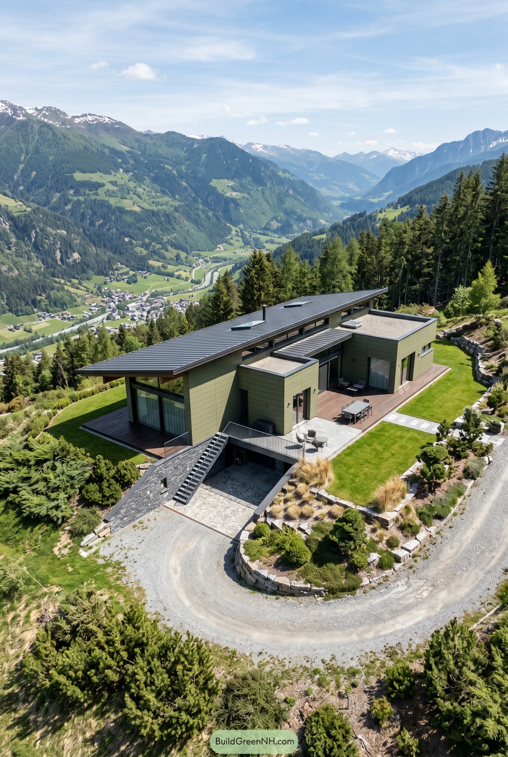 Olive green modern hillside home with long sloped roof